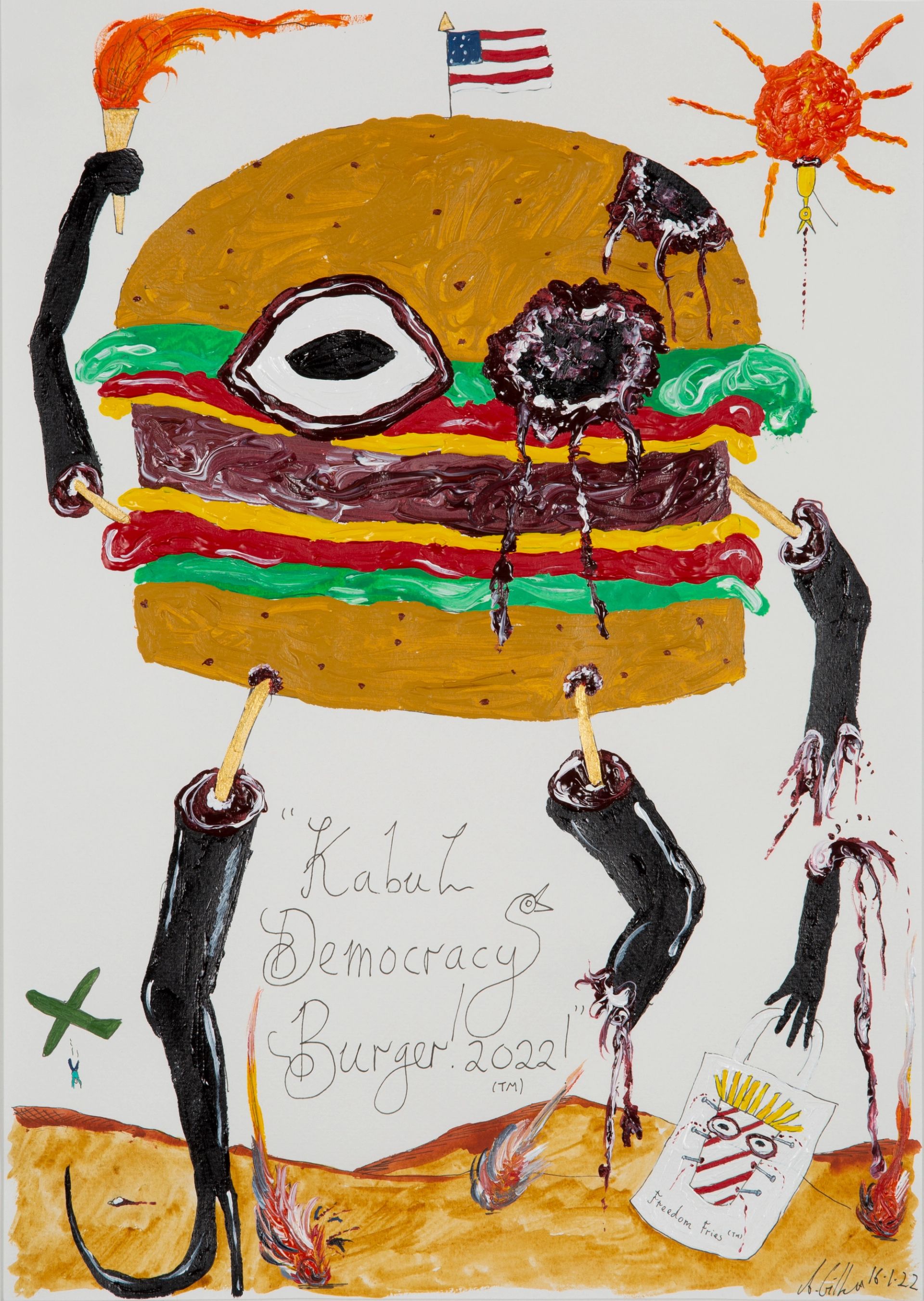 Andrew Gilbert, Kabul Democracy Burger! 2022!, 2022, fineliner watercolour, acrylic on paper, 40 × 30, photo: Constanza Meléndez