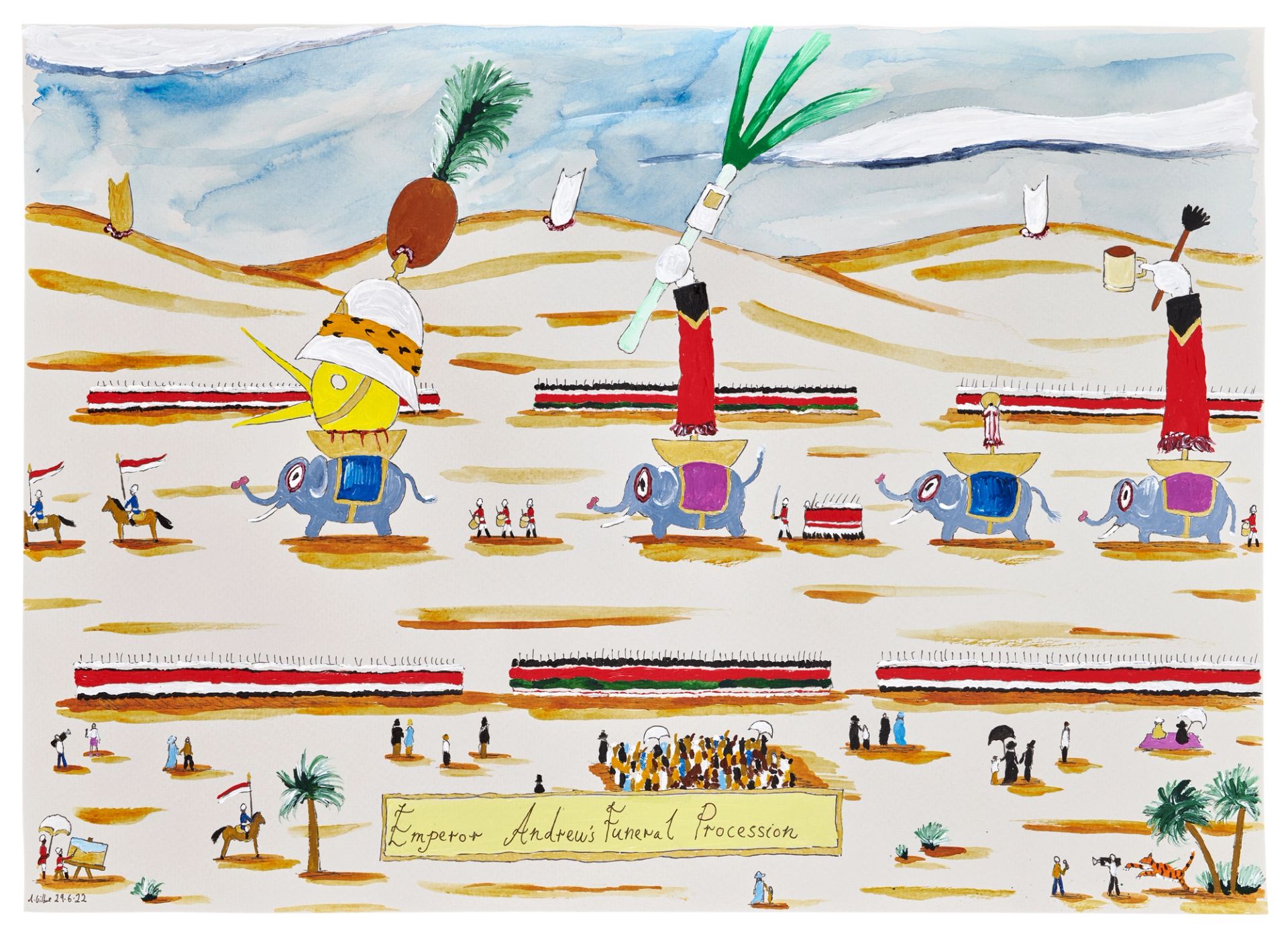 Andrew Gilbert, Emperor Andrew's Funeral Procession, 2022, acrylic, fineliner and watercolor on paper, 30 × 40 cm, photo: Maximilian Rossner