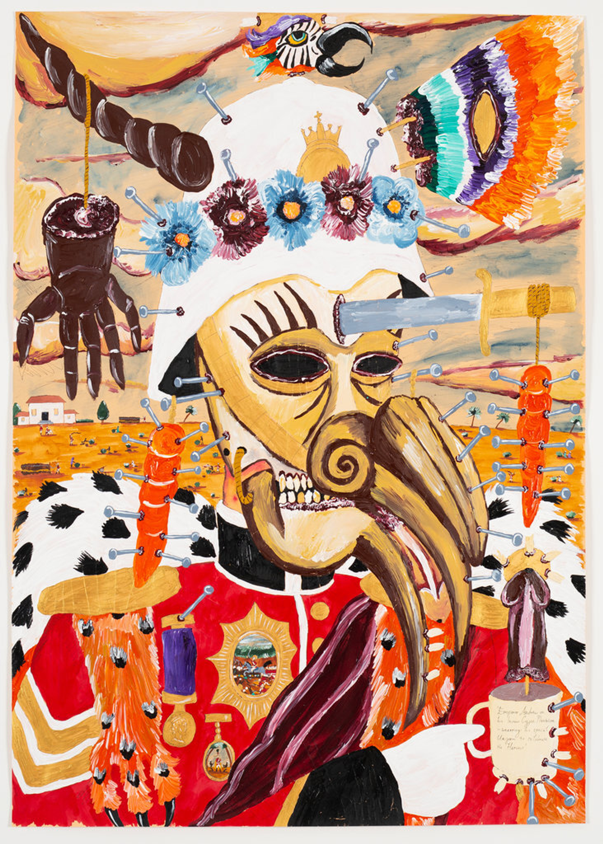 Andrew Gilbert, Emperor Andrew on his Instant Coffee Plantation, 2020, acrylic, fineliner and water colour on paper, 100 × 70 cm, photo: Constanza Meléndez