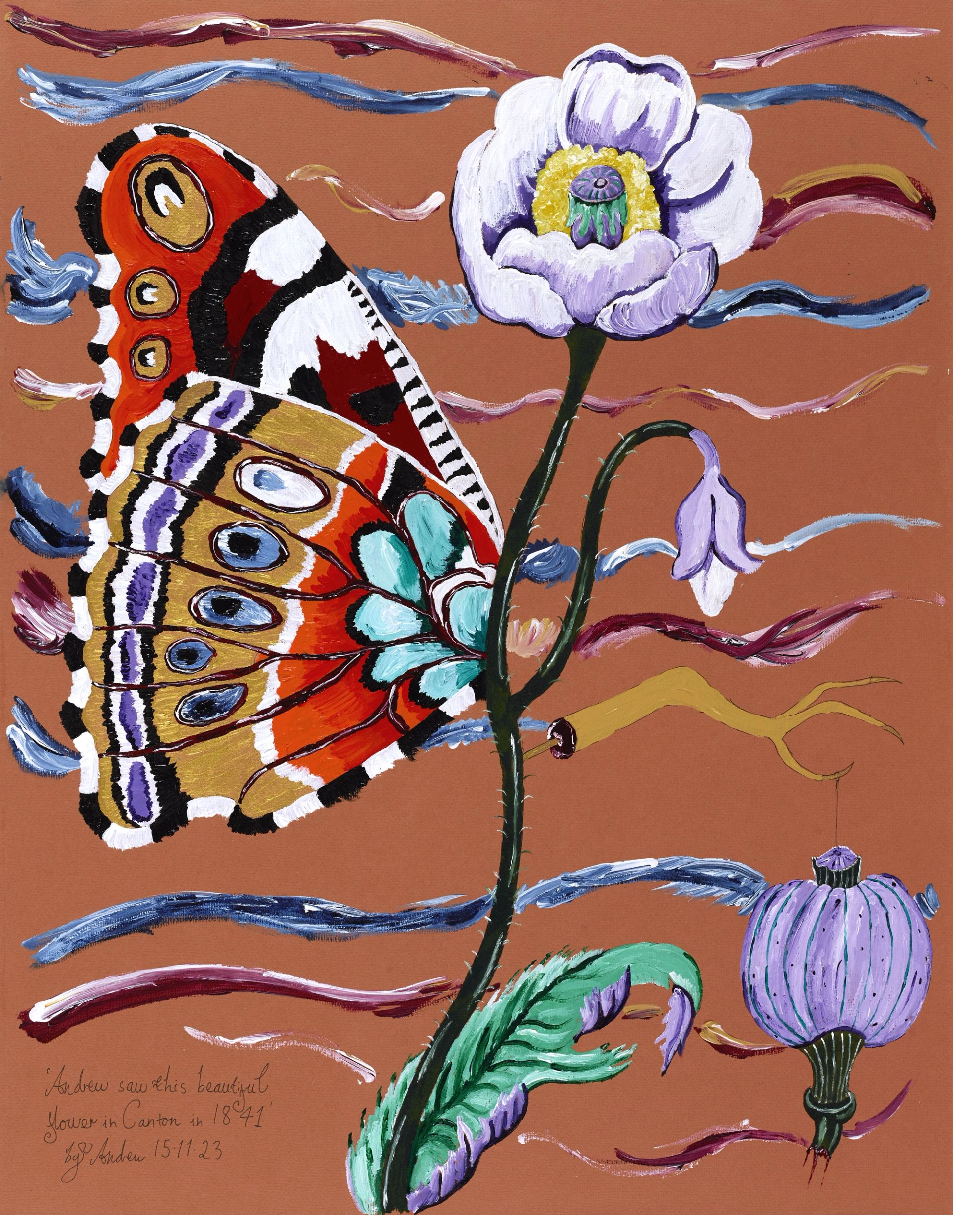 Andrew Gilbert, ,Andrew saw this beautiful flower in Canton in 1841,, 2023, acrylic, watercolour and fineliner on paper, 65 × 50 cm