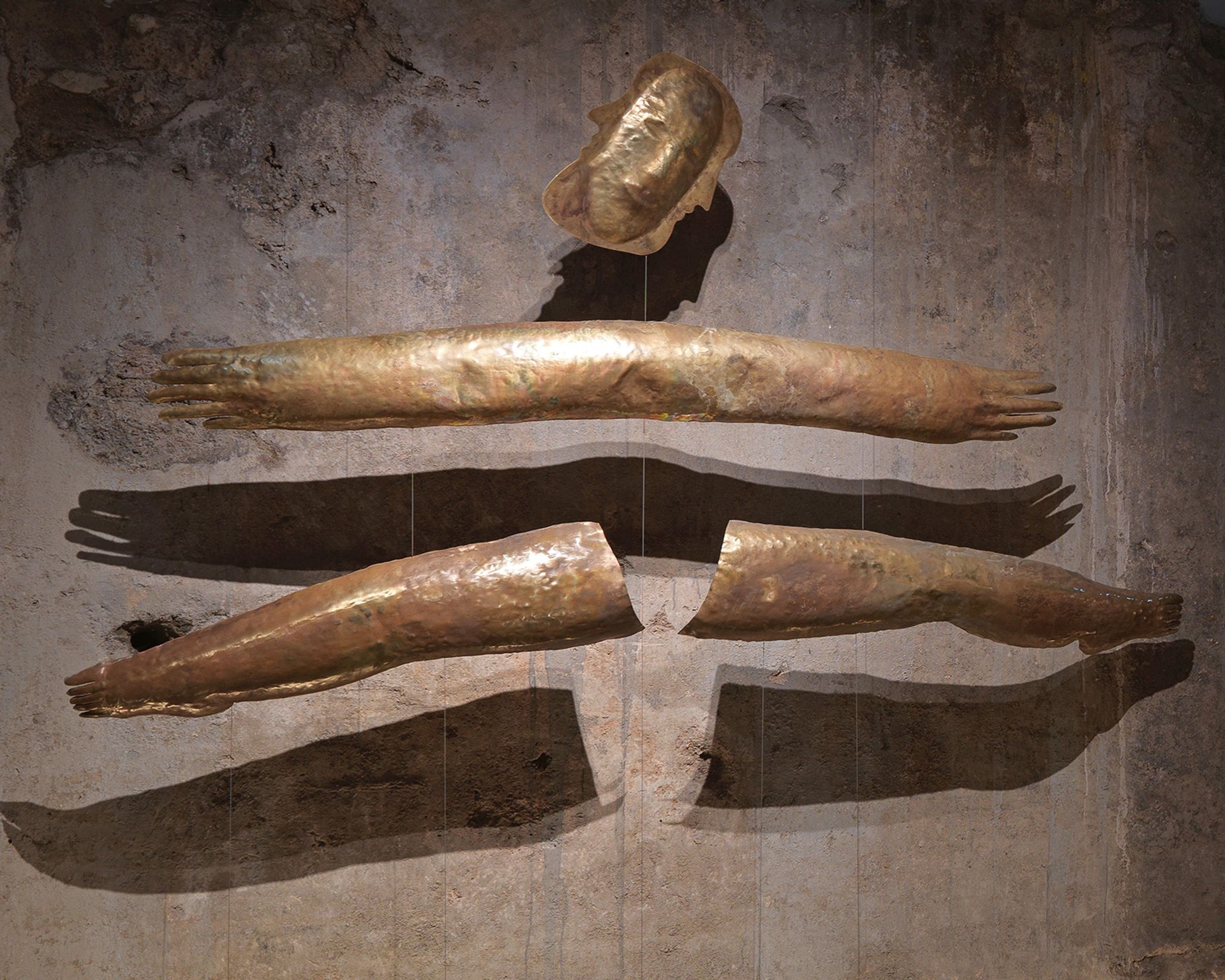  Anousha Payne, an echo fo a body, 2025, brass, hardware, Installation composed of 4 pieces, variable size