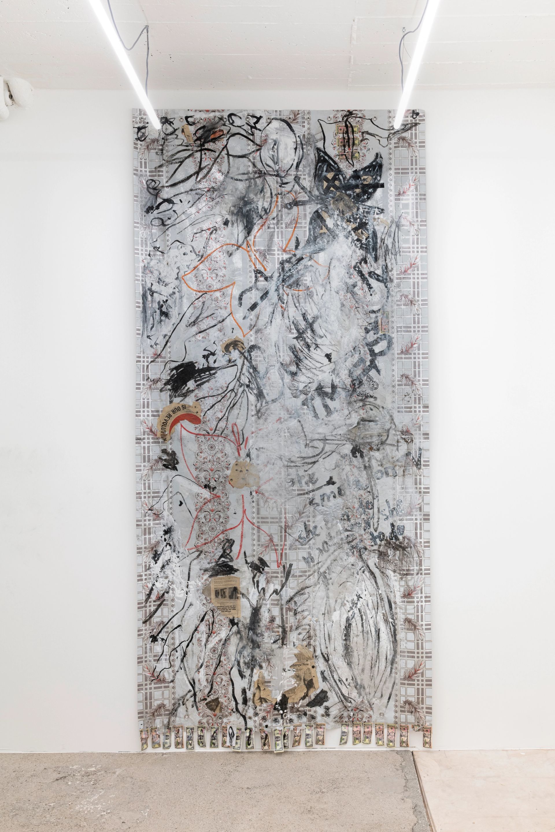 Anna McCarthy, Butterfly News, 2025, indian ink, acrylic, charcoal, wax, silver pigment, newspaper on chrome-plated waxcloth, 285 × 137 cm