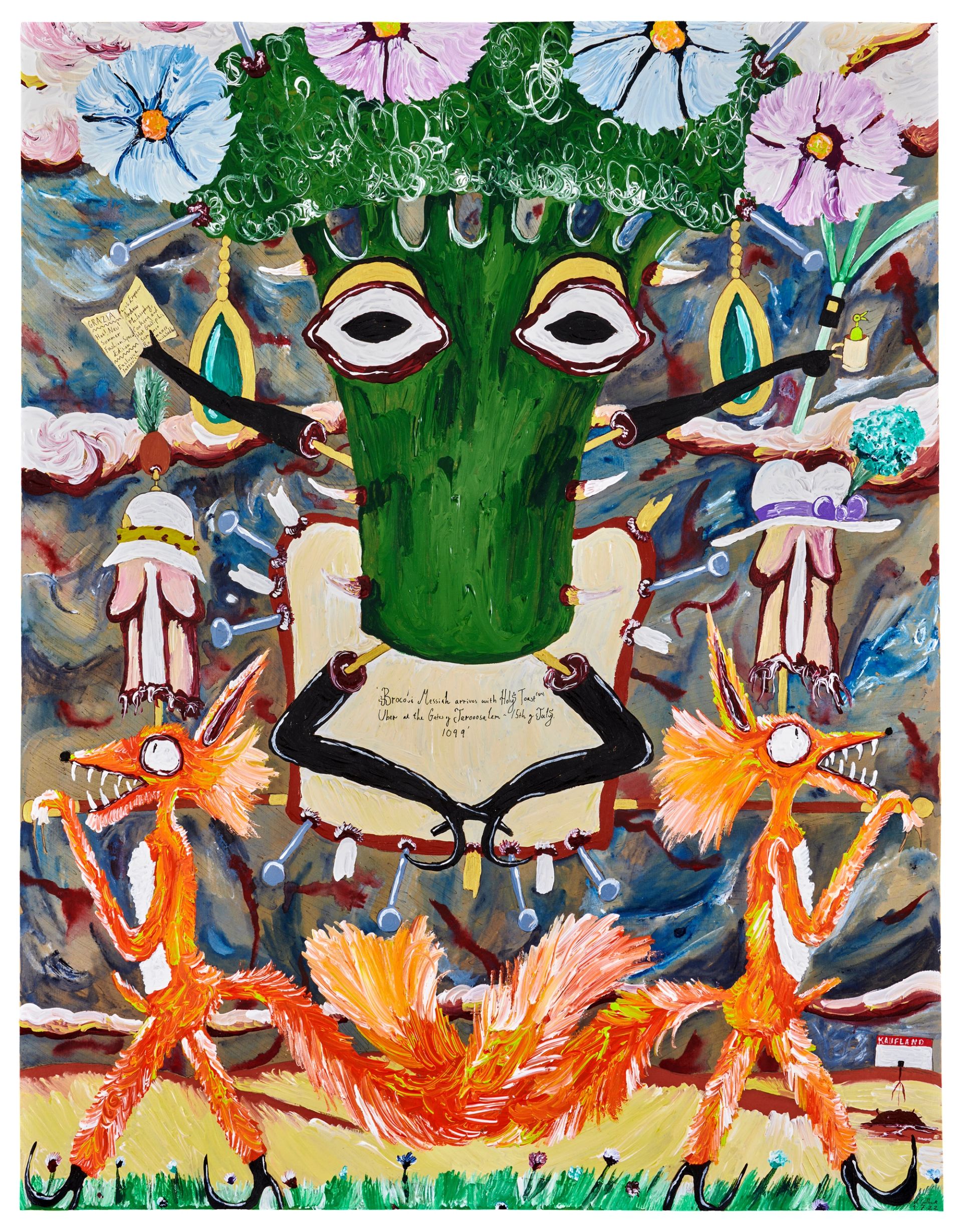 Andrew Gilbert, 'Brocoli Messiah arrives with Holy Toast', 2022, acrylic, watercolor and fineliner on paper, 65 × 50 cm