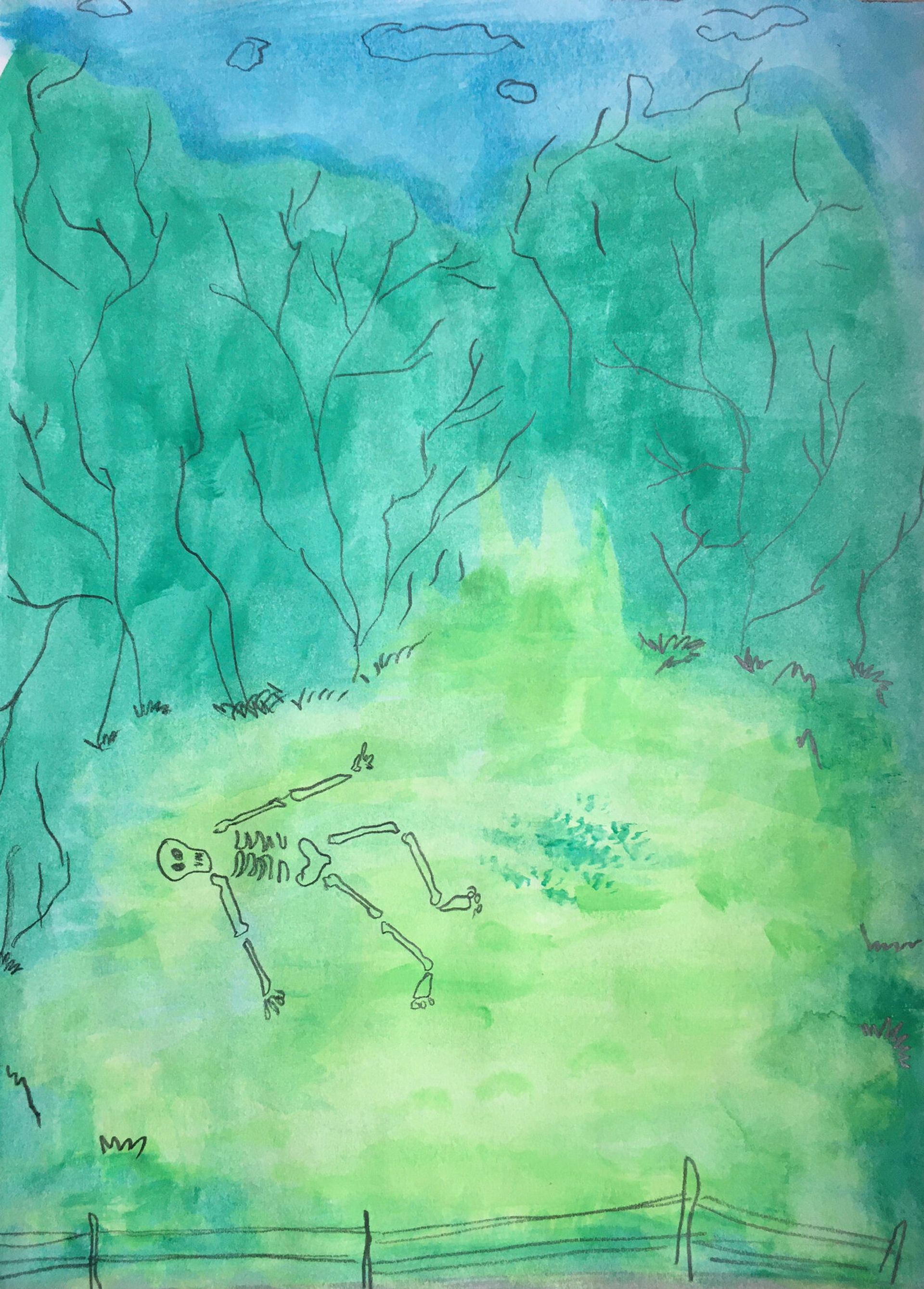 Anna McCarthy, Skeletons in my park, 2019, water colour and pencil on paper, 31 × 21 cm, photo: Sebastian Kissel