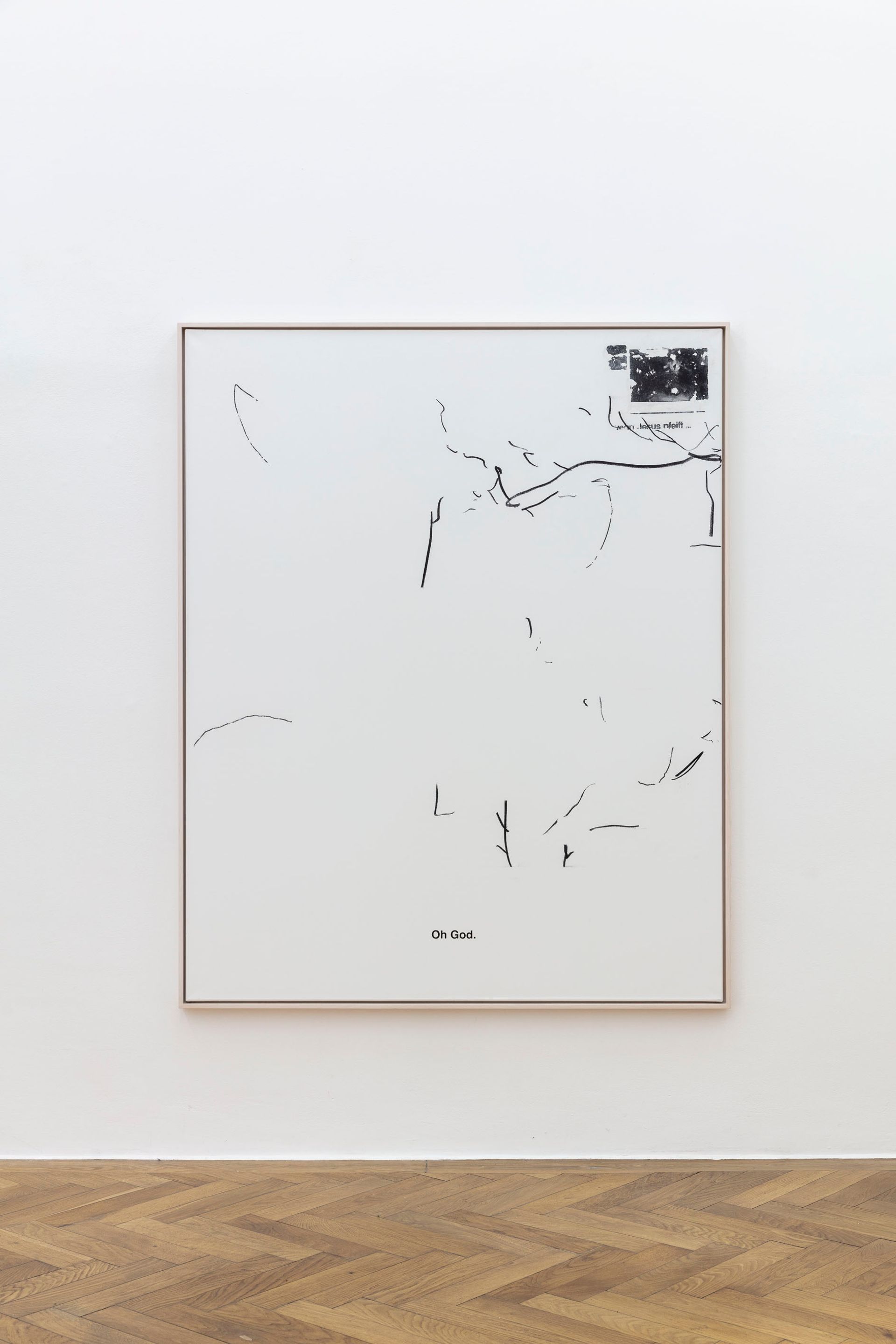 Birkenwald am Mauerweg, 2023, charcoal, InkJet transfer print, and acrylic on canvas, white glazed maple wood floater frame, 150 × 120 cm