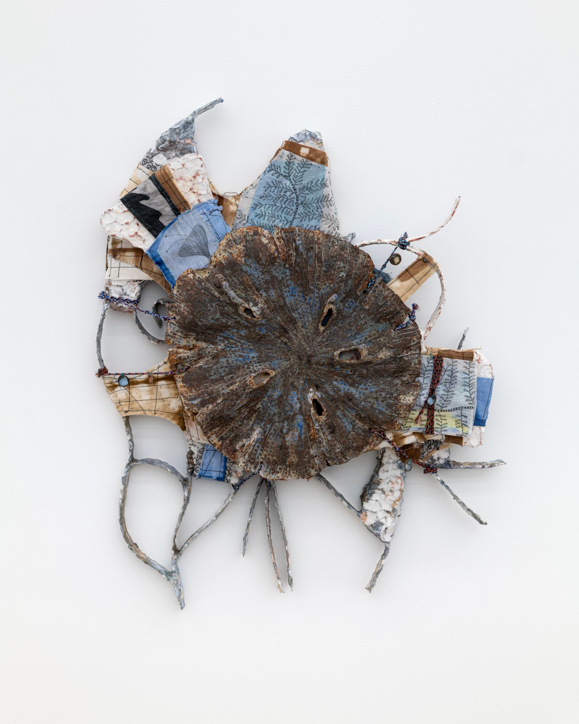 Isabel Nuño de Buen, Codex 49 (in three and a half Earth-years), 2025, Paper maché, wire, glazed ceramic, yarn, transparent paper, paper, graphite, charcoal, watercolor, muslin, hand dyed fabric, hand made cords
65 × 50.5 × 11.5 cm (Courtesy: Chris Sharp, LA)
