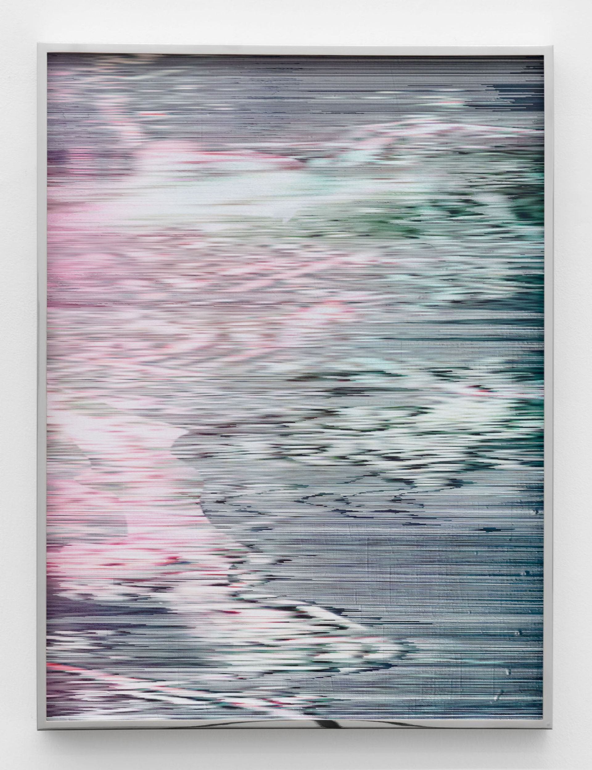 Electric Mountains V,, 2019, Lacquer on pigment print, scratched, framed in polished chrome, artglass, 60 × 45 cm