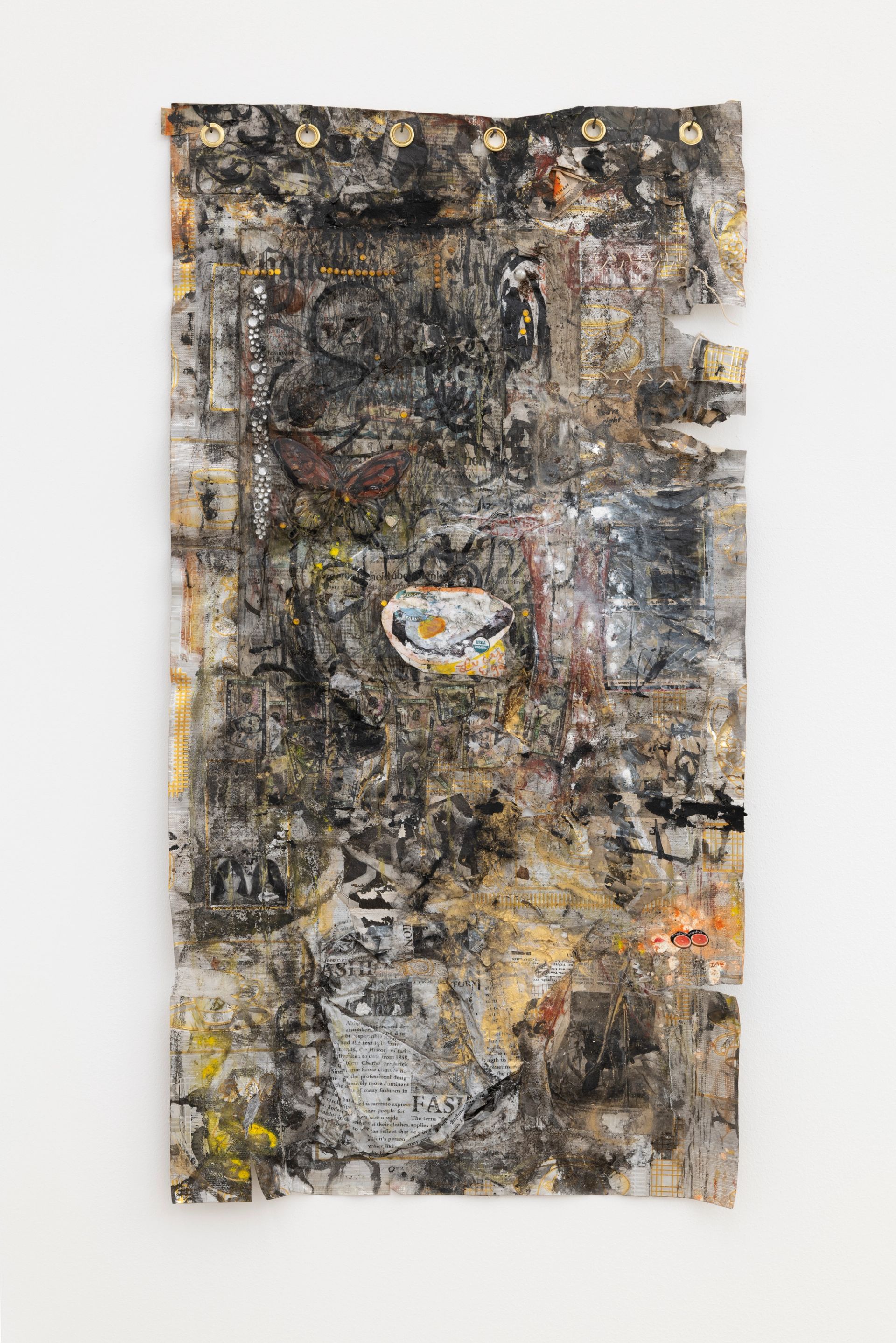 Anna McCarthy, Lucy Egg, 2025, mixed media on chrome-plated waxcloth, 105 × 55 cm