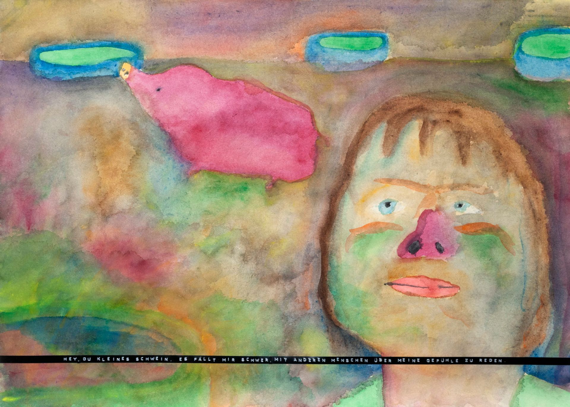 Sebastian Jung, Hey, du kleines Schwein, es fällt mir schwer, mit anderen Menschen über meine Gefühle zu reden., 2016, watercolor, pencil and labelmaker tape on paper, 50 × 70 cm