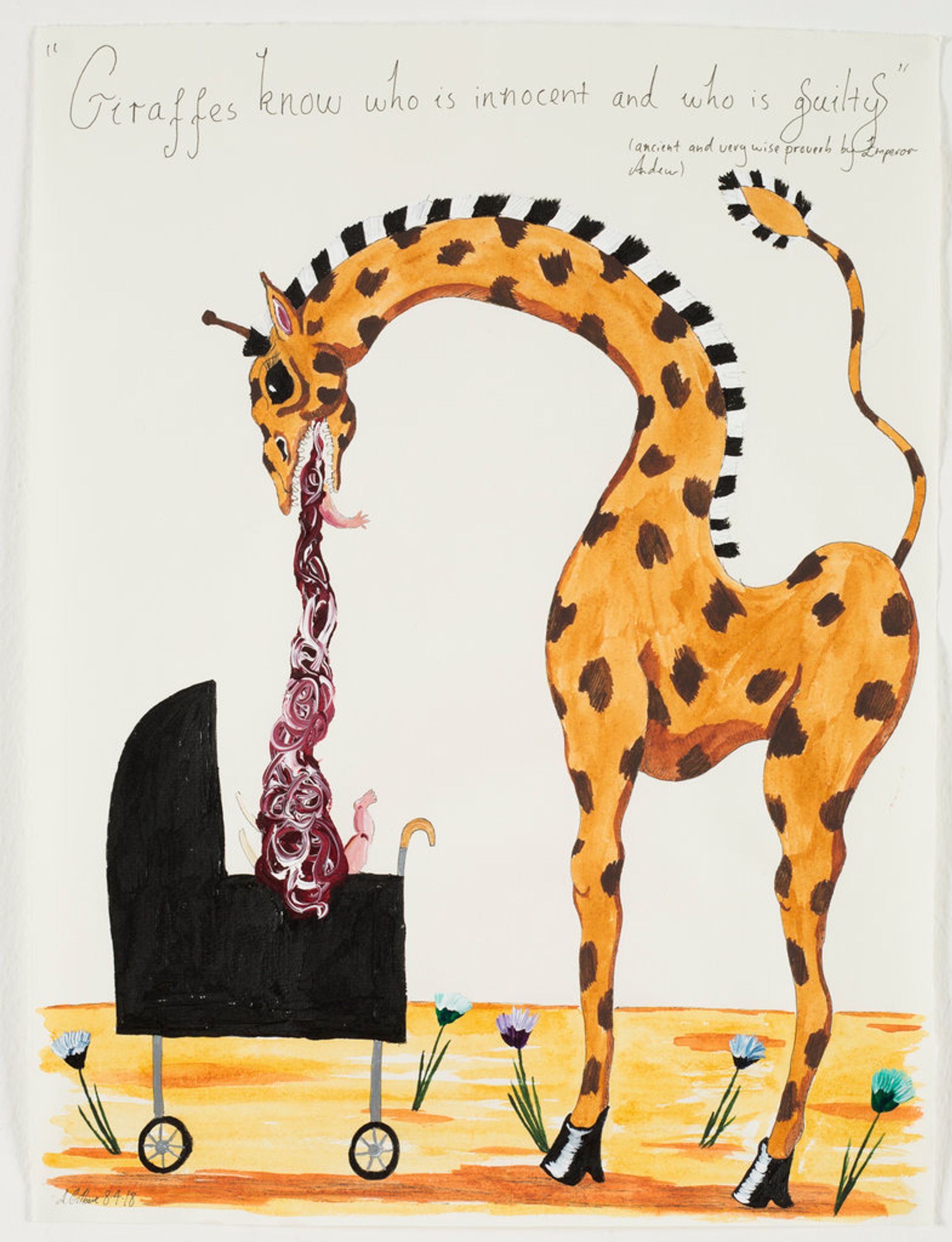 Andrew Gilbert, 'Giraffes know who is inncocent and who is guilty', 2018, acrylic, water colour and fineliner on paper, 40 × 30 cm