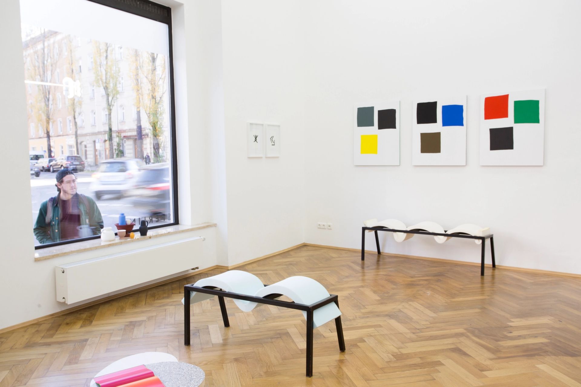 Installation view: Elvire Bonduelle, “waiting room #4”, 2015 (Francois Morellet, Nicolas Chardon, Elvire Bonduelle)