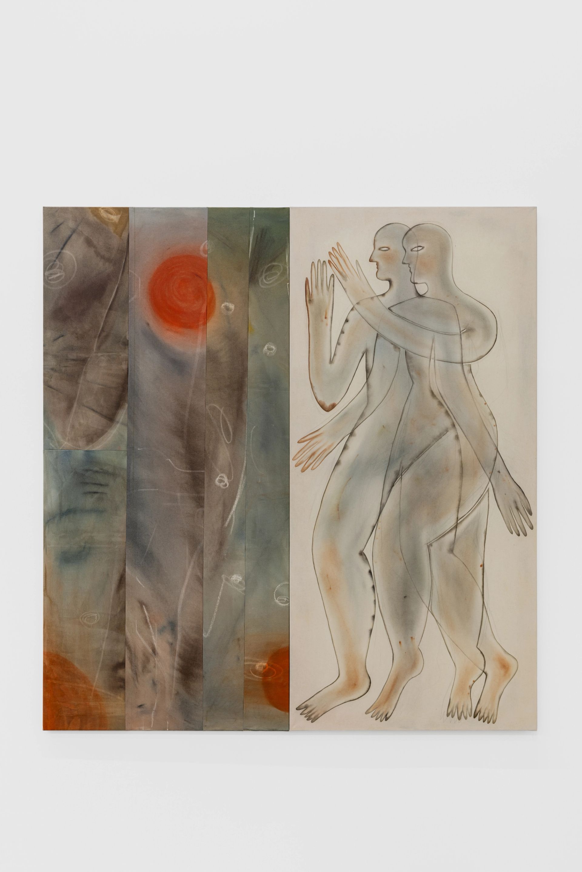 Anousha Payne, Glass bodies (raising the sun), 2025, chalk pastel, wax, watercolour and gel medium on stretched cotton, each part 170 x 80 cm