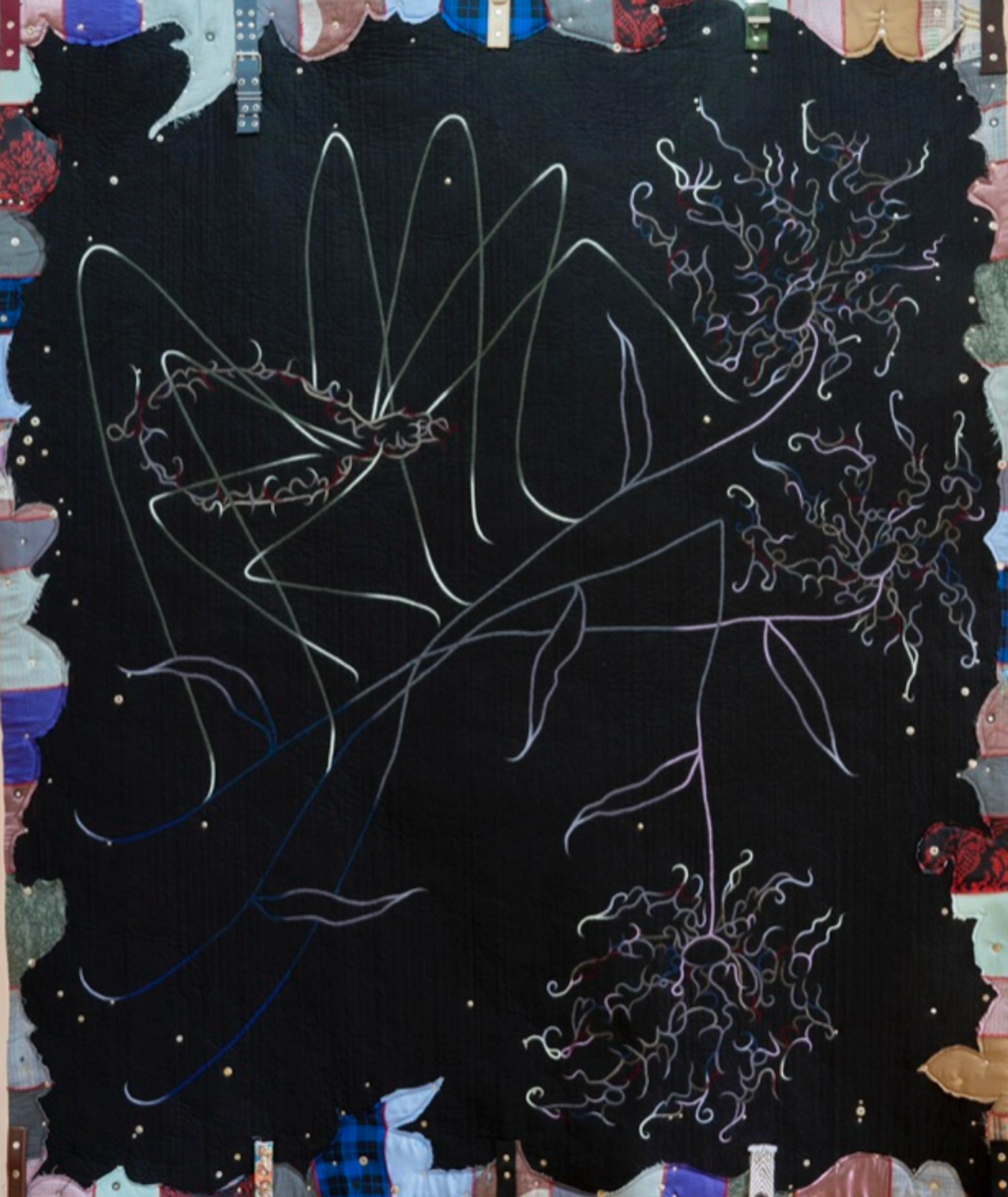 ASMA, Felt a spider, 2021, felt, wool, fabric scraps, belts, metallic studs and pins, 210 × 180 cm (Courtesy: House of Gaga, Guadalajara)