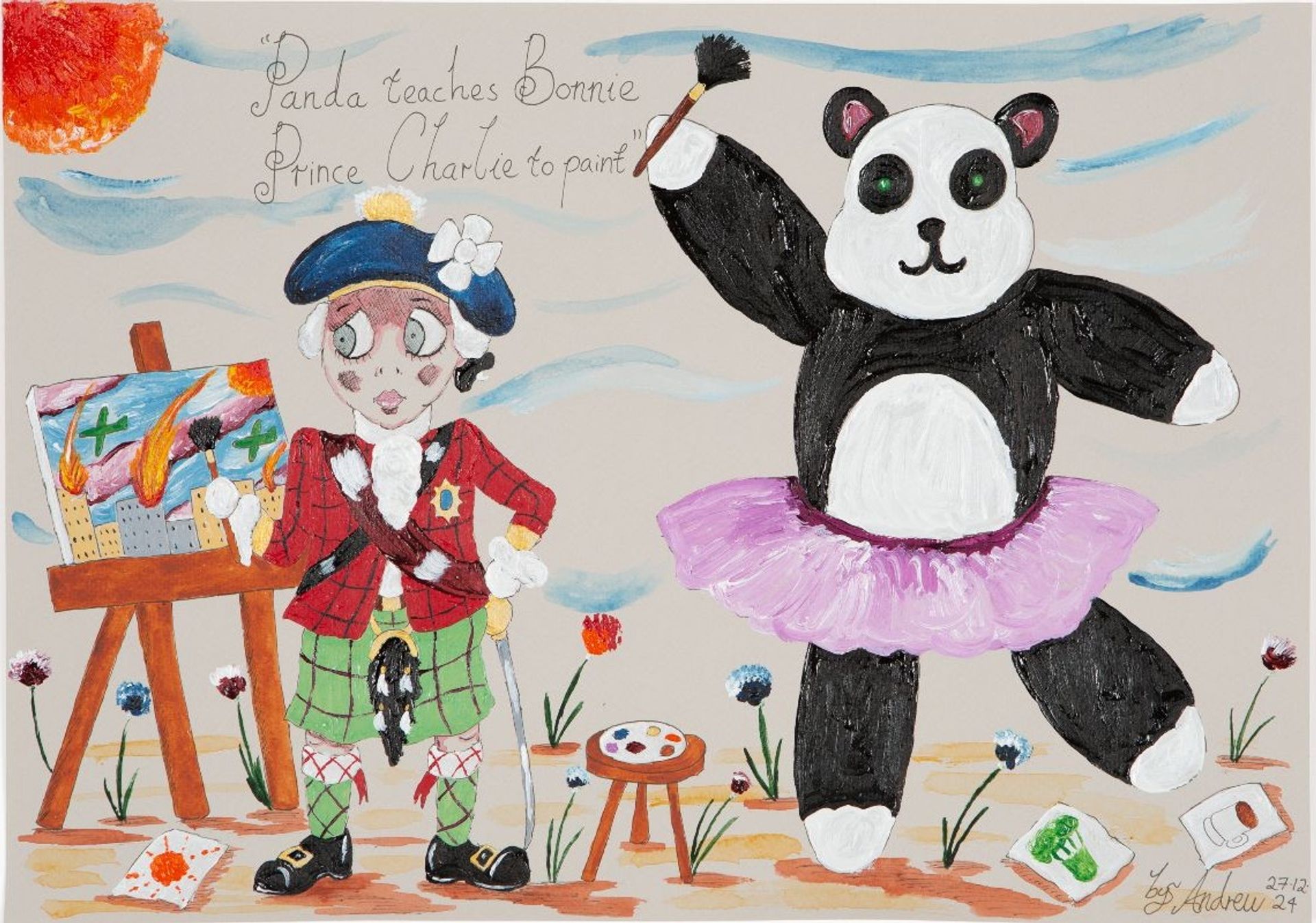 'Panda teaches Bonnie Prince Charlie to paint', 2024, Acrylic, watercolour and fineliner on paper, 30 × 40 cm, photo: Constanza Meléndez