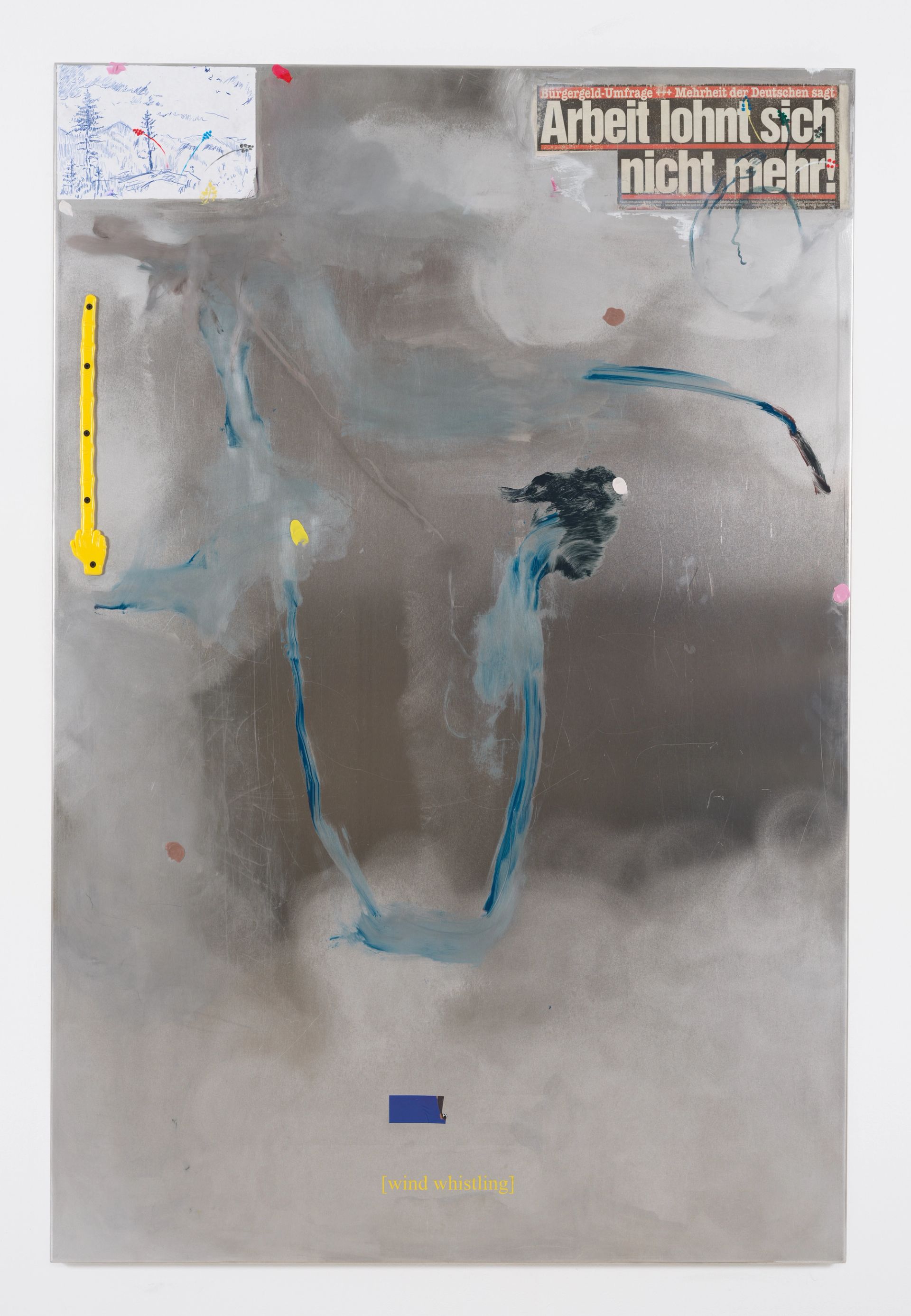 Malte Zenses, Isa’s Albtraum, 2023, Oil, paper, plastic and play dough on aluminium, 150 × 100 cm