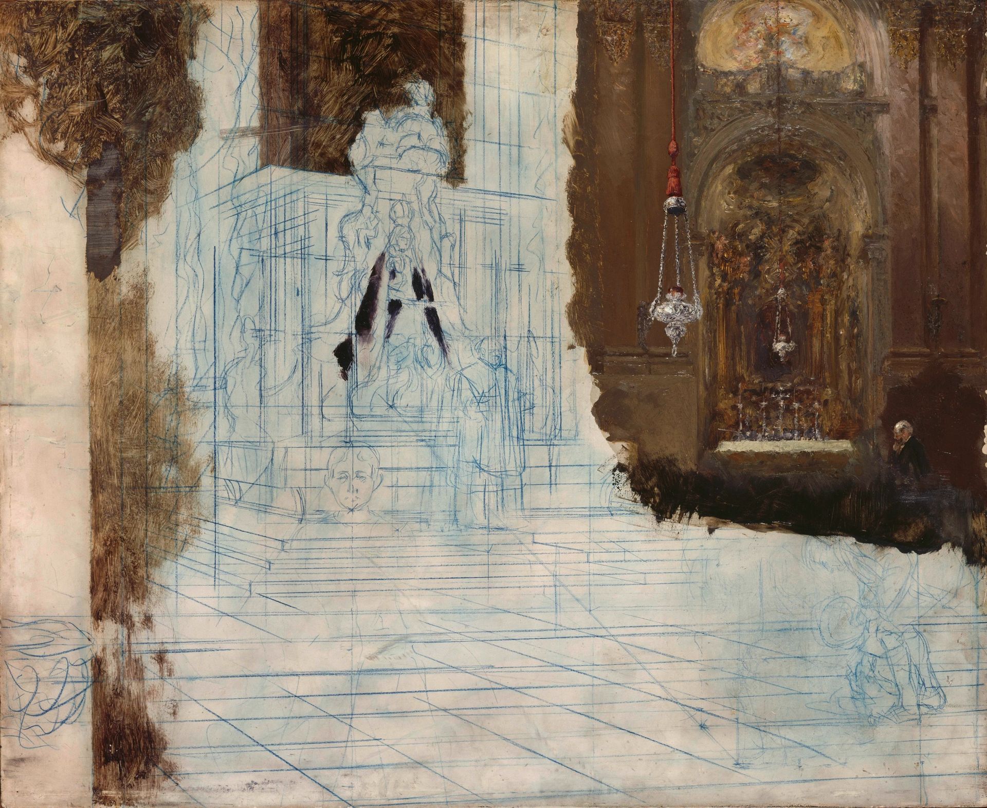 Adolph Menzel, Altar in einer Barockkirche (unfinished), ca. 1880/90, Oil over preliminary drawing in blue pencil on oak wood, 50 × 61 cm, Copyright: bpk / Nationalgalerie, SMB, photo: Klaus Göken