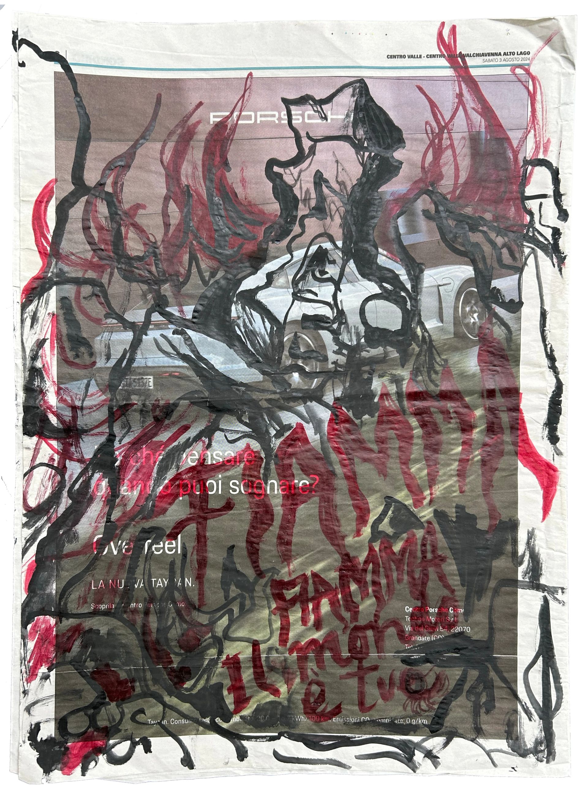 Anna McCarthy, Fiamma, 2024, watercolor on newspaper, 45 × 33 cm