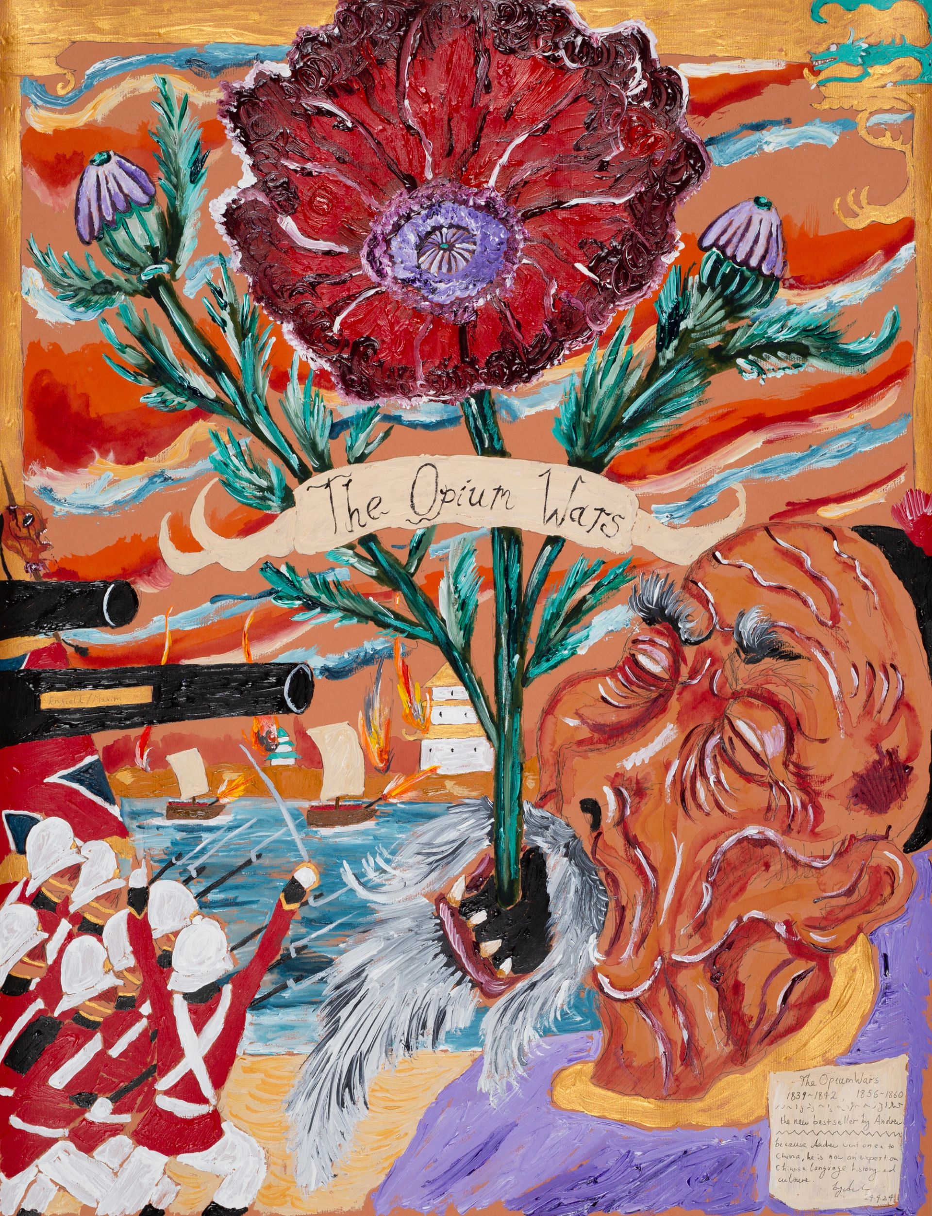 'The Opium Wars', 2024, Acrylic, Fineliner and Watercolour on Paper, 65×50 cm, photo: Constanza Meléndez