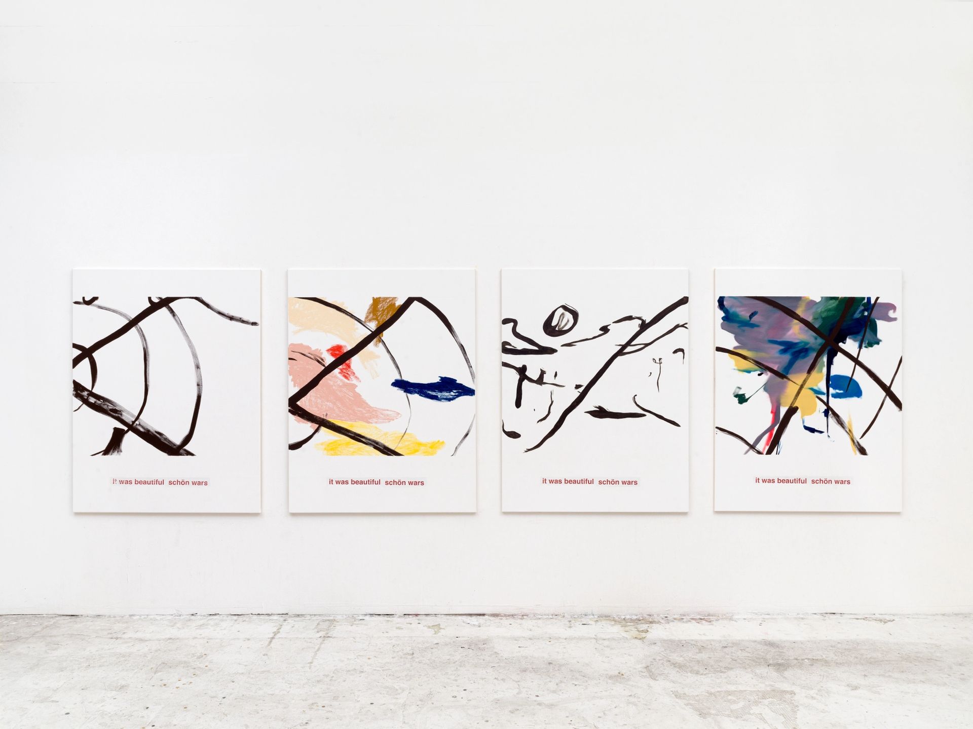 it was beautiful schön wars #1 – #4, each 130 × 100 cm, oil, oil-stick and paper (inkjet-print) on canvas, 2021
