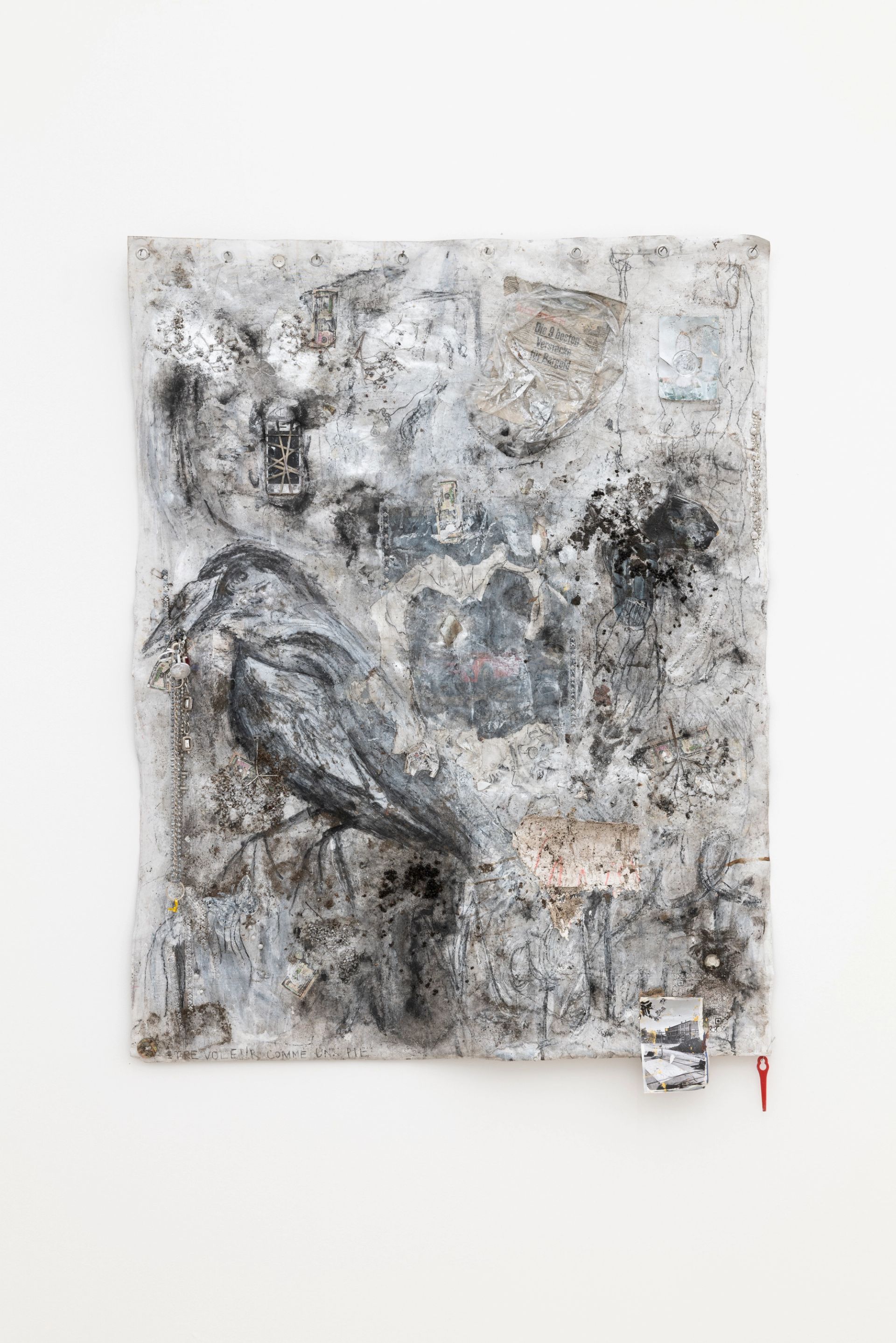 Anna McCarthy, Magpie Island, 2025, acrylic, charcoal, mixed media, elderflowers on chrome-plated waxcloth, 139 × 106 cm