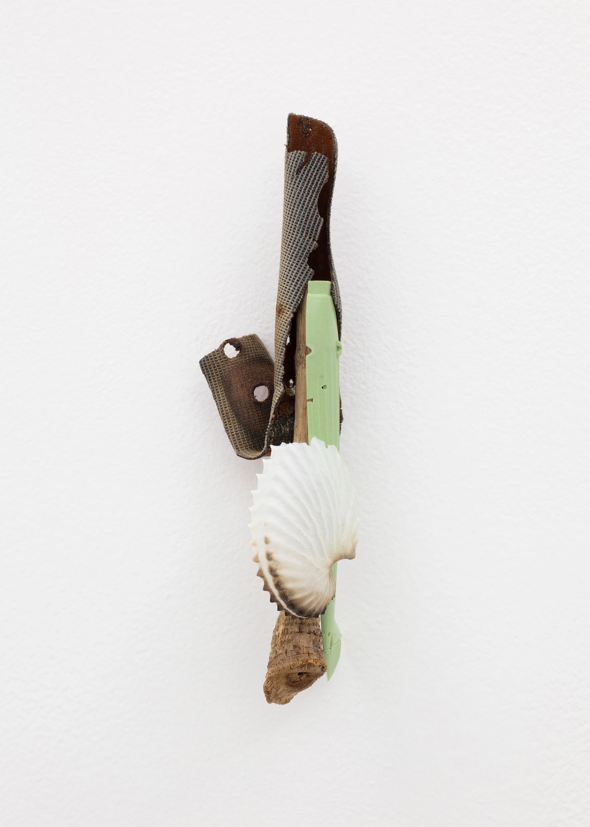 Invitation card / David Fesl, Untitled, 2021, textile belt, giant reed rhizome, airplane plastic model, paper nautilus shell, 5.3 × 16.6 × 5.7 cm, photo: Ramiro Chaves