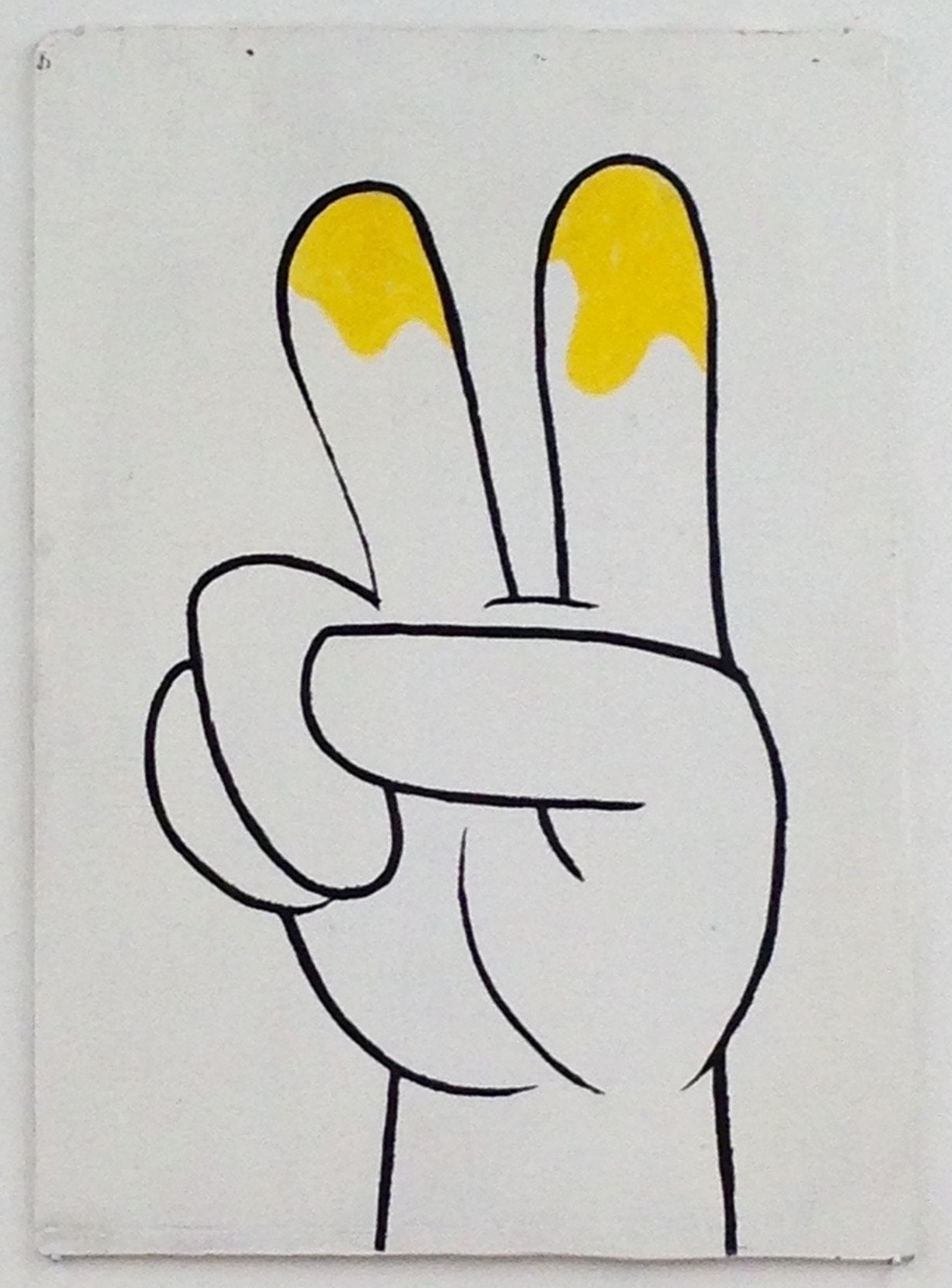 Anna McCarthy, Peece Fingers, 2016, lacquer, permanent marker and pastel on wood, 55 × 40 cm