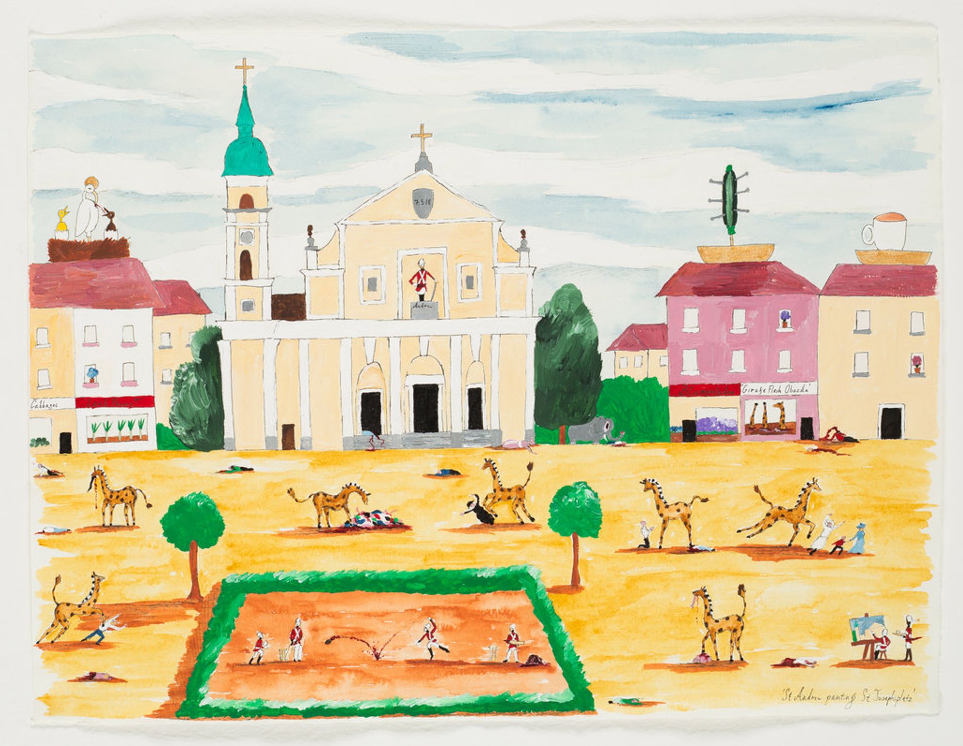 Andrew Gilbert: 'St. Andrew painting St. Josephsplatz', 2018, acrylic, watercolours and fineliner on paper, 30 x 40 cm