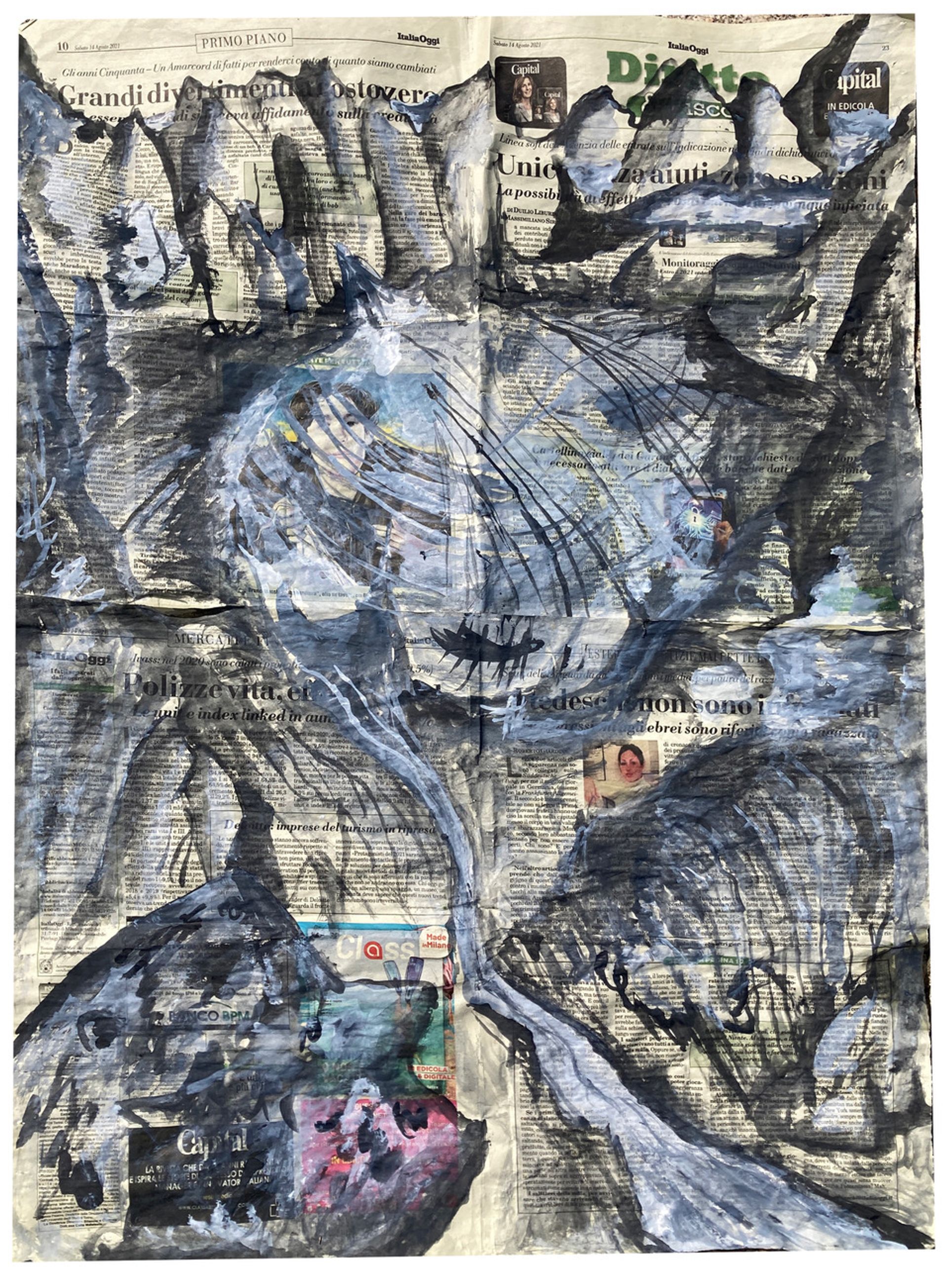 Anna McCarthy, “Glacier (Albigna)”, 2021, watercolour on newspaper, 60 × 48 cm