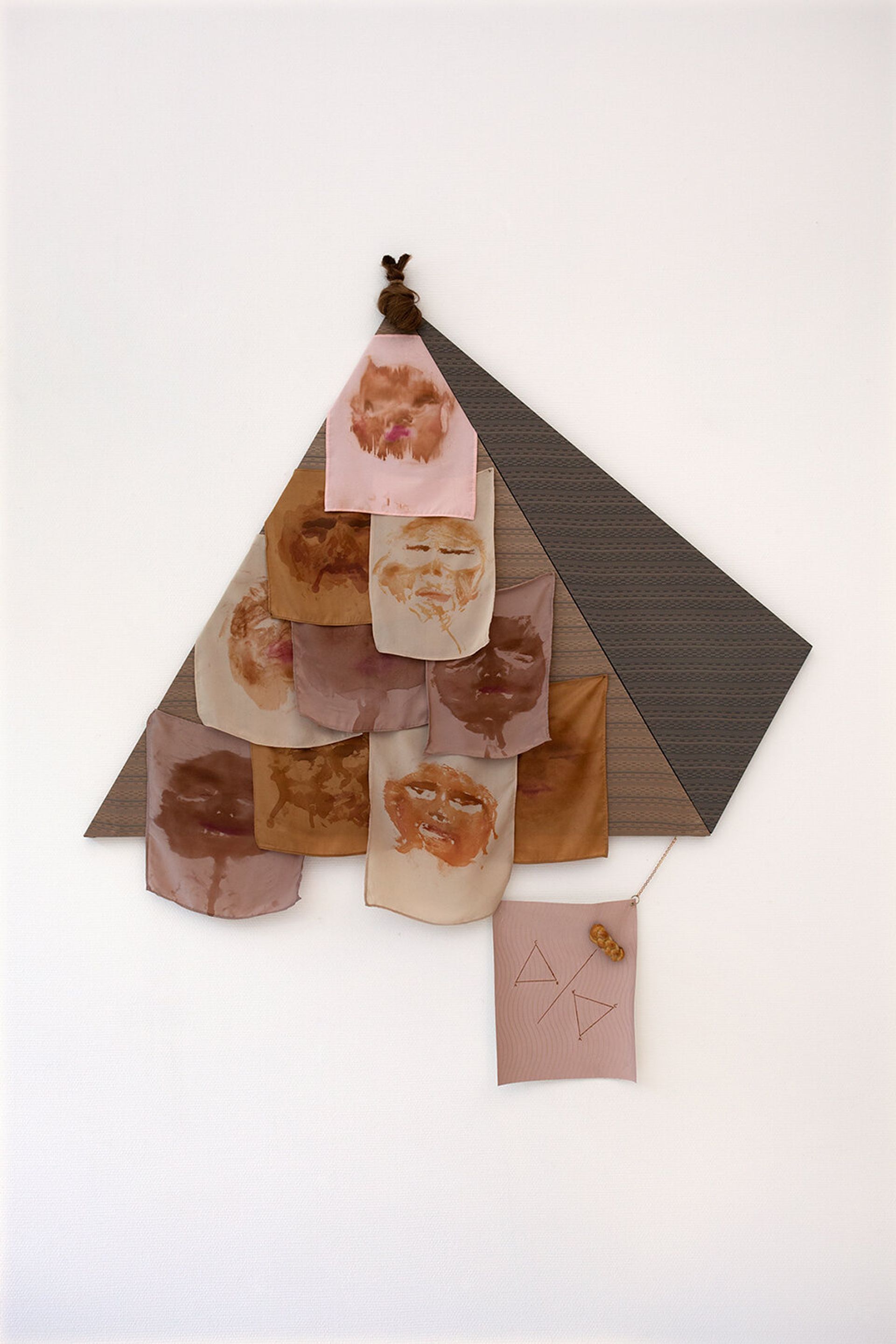 Ana Navas, Pyramid, 2018, fabric, hair, silk paint, bread, polyester resin, 145 × 155 cm