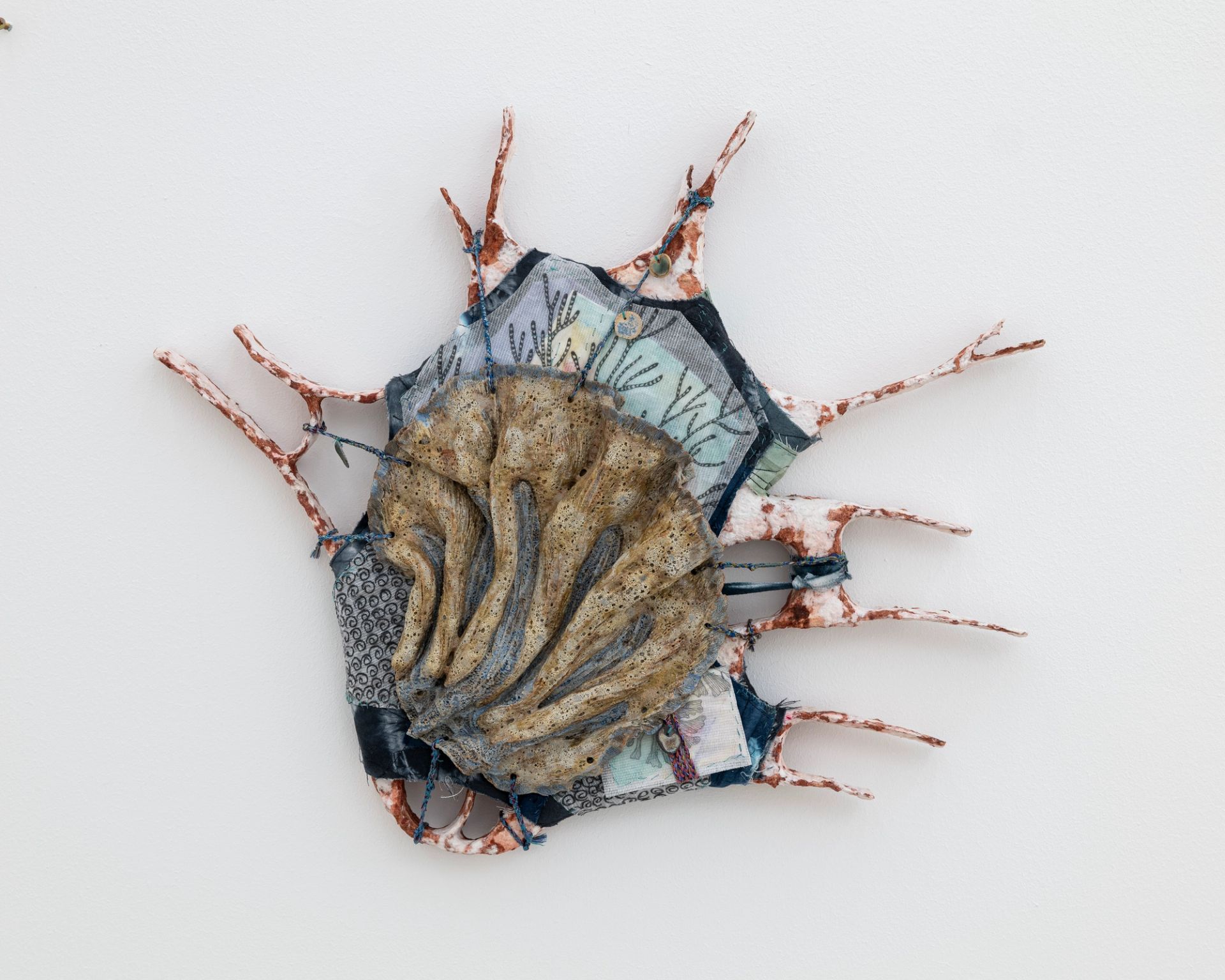 Isabel Nuño de Buen, Codex 48 (the end of things had come), 2025, Paper maché, wire, glazed ceramic, yarn, transparent paper, paper, graphite, charcoal, watercolor, muslin, hand dyed fabric, hand made cords
48 × 56 × 8.5 cm (Courtesy: Chris Sharp, LA)