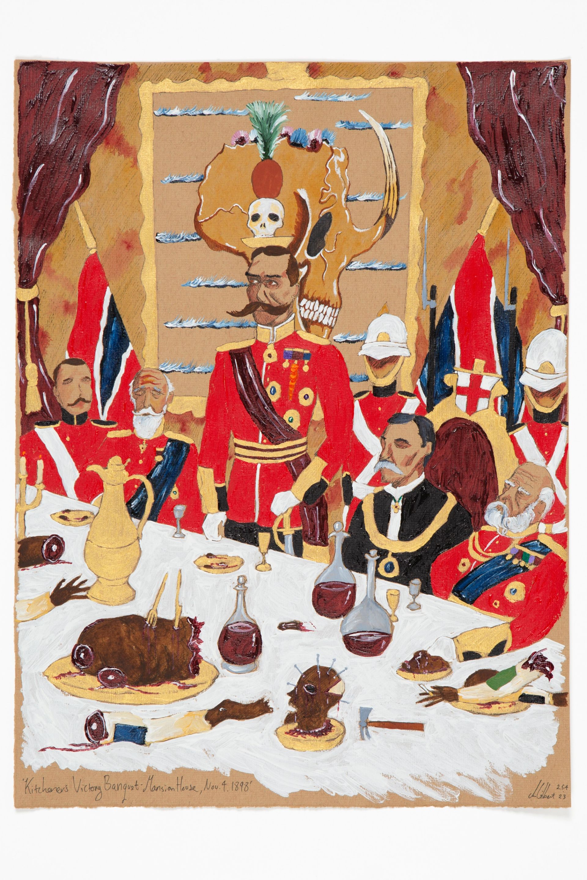 'Kitchener's Victory Banquet - Mansion House, Nov. 4. 1898', Acrylic, Fineliner and Watercolour on Paper, 40×30 cm, photo: Constanza Meléndez