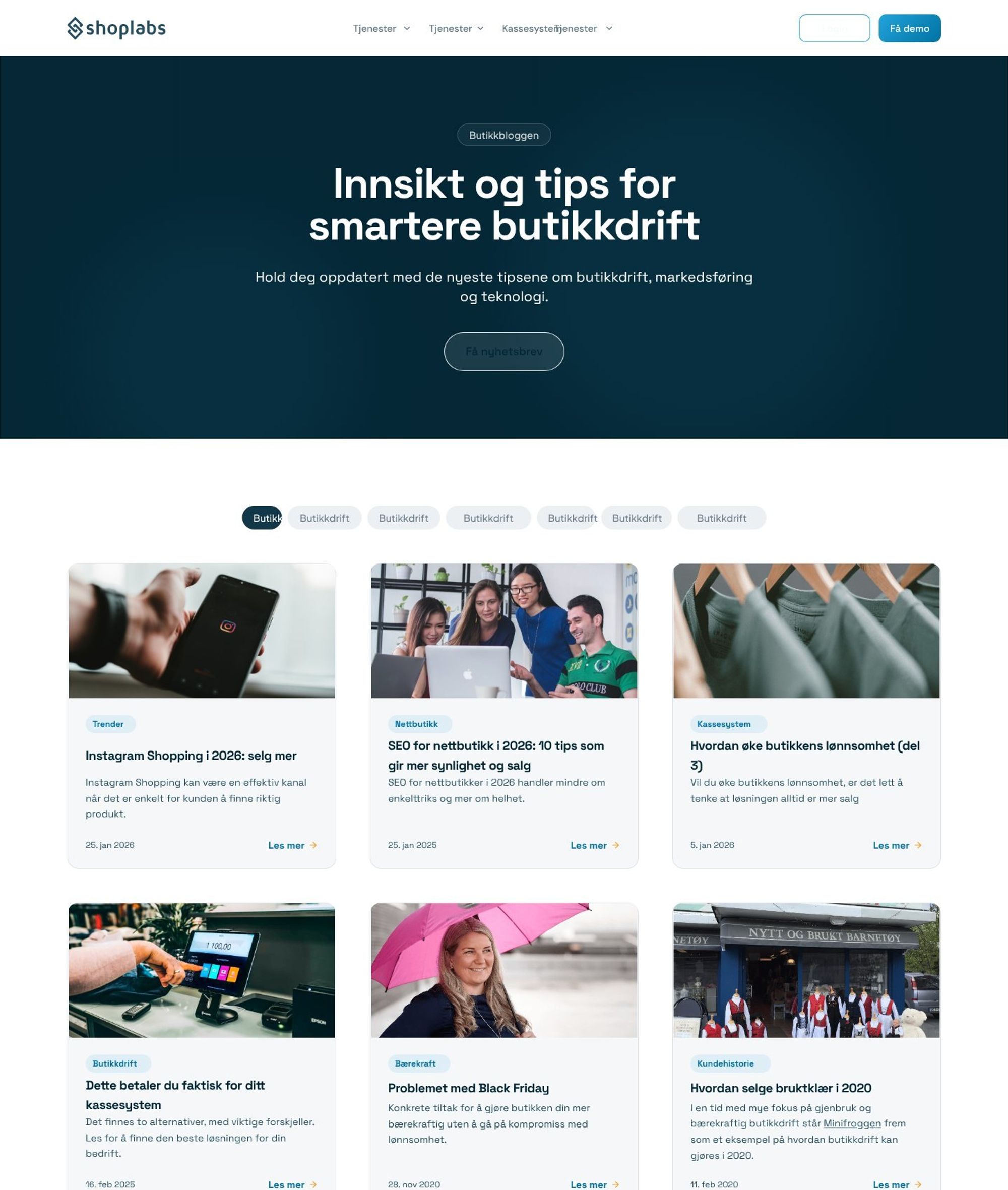 Oversikten over Butikkbloggen med kategorier