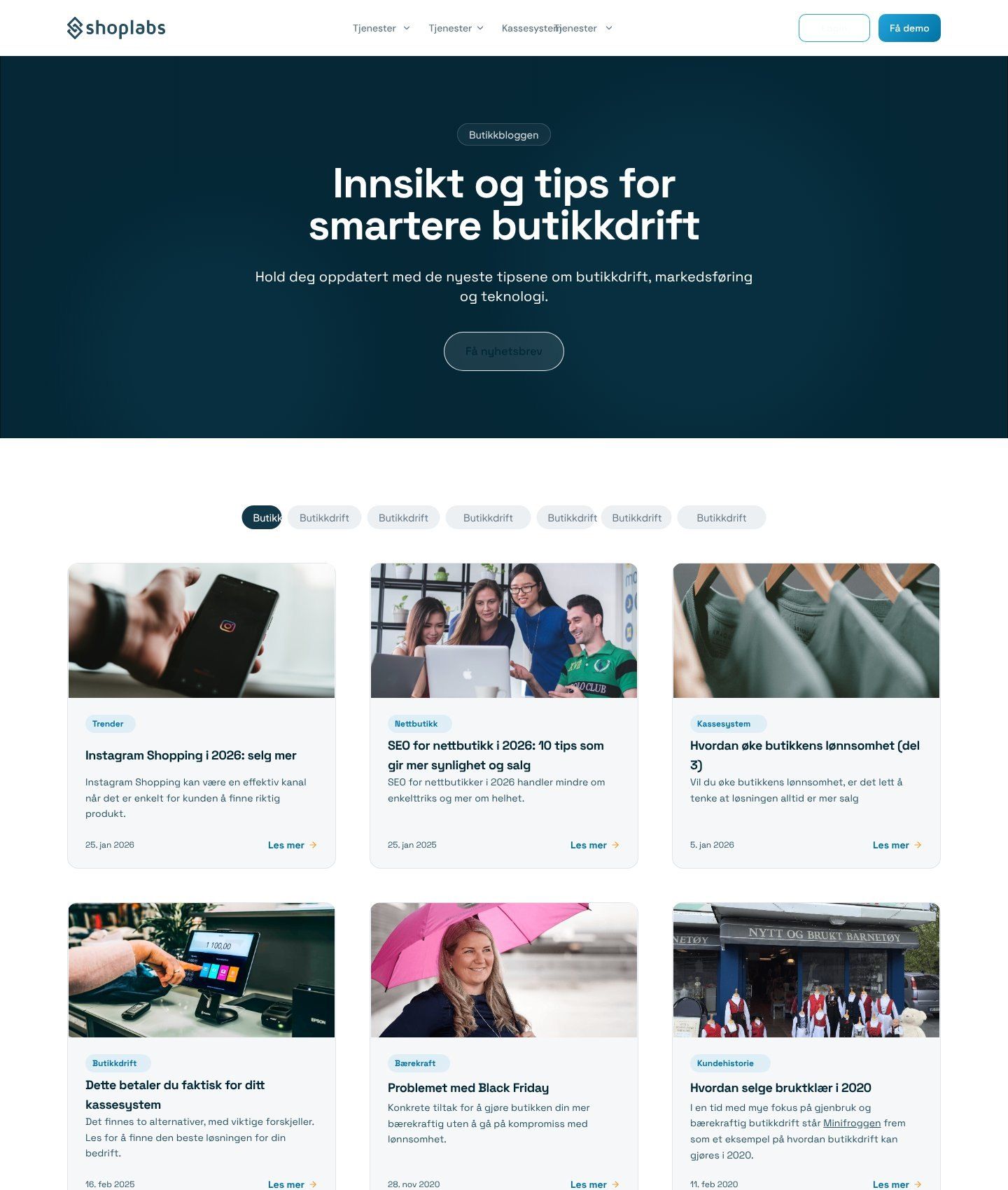 Oversikten over Butikkbloggen med kategorier