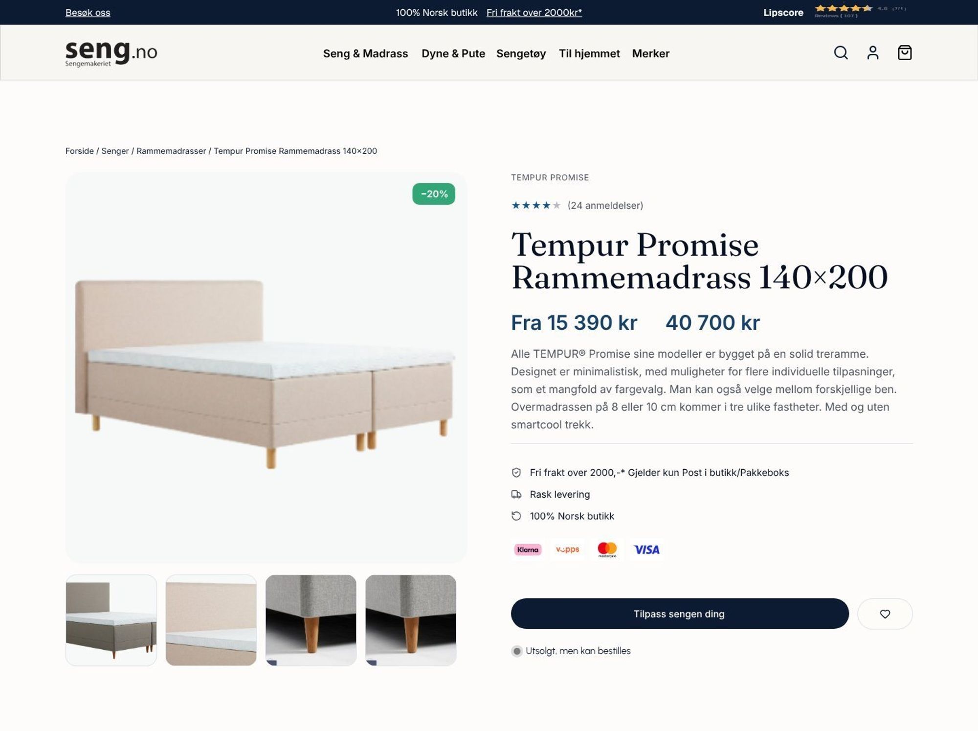 Produktside for rammemadrass på desktop