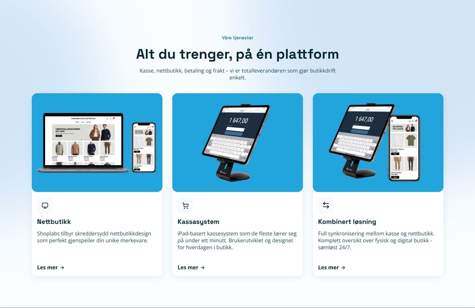 Seksjonen «Alt du trenger, på én plattform» med nettbutikk, kassesystem og kombinert løsning