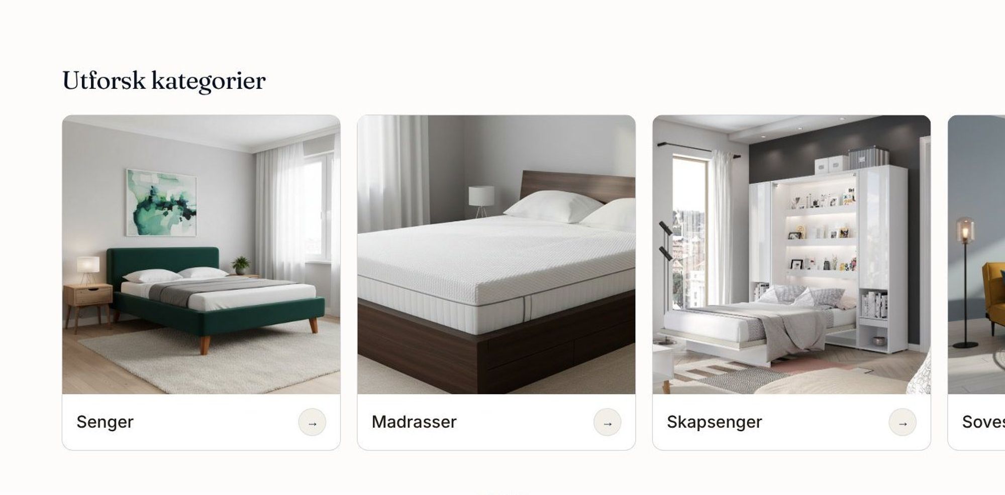 Store kategorikort for senger, madrasser, skapsenger og sovesofaer