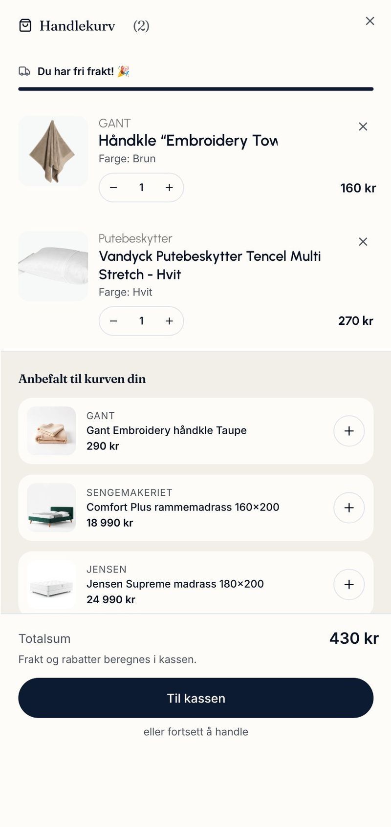 Handlekurv som åpnes som et panel fra siden