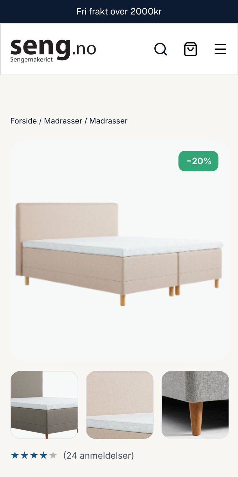 Produktside for rammemadrass på mobil