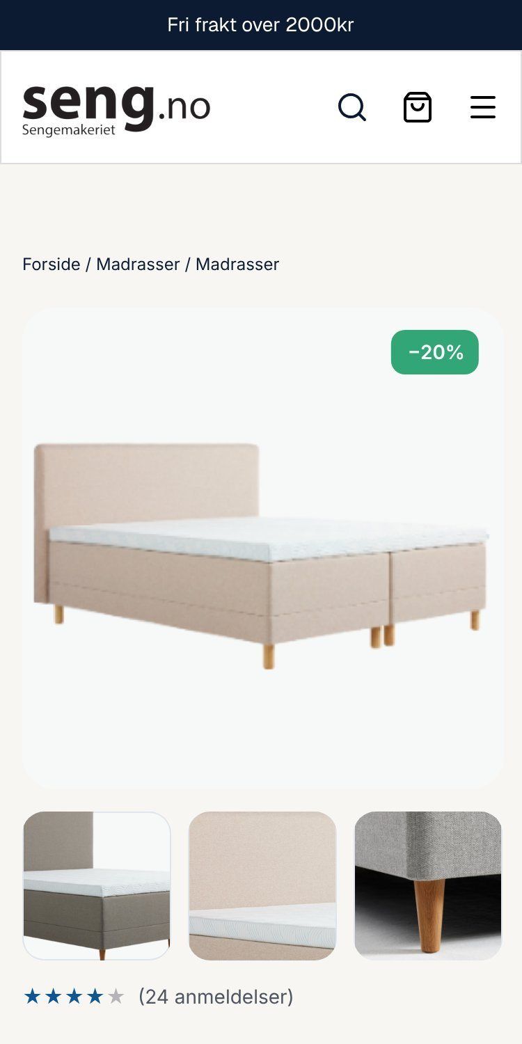 Produktside for rammemadrass på mobil