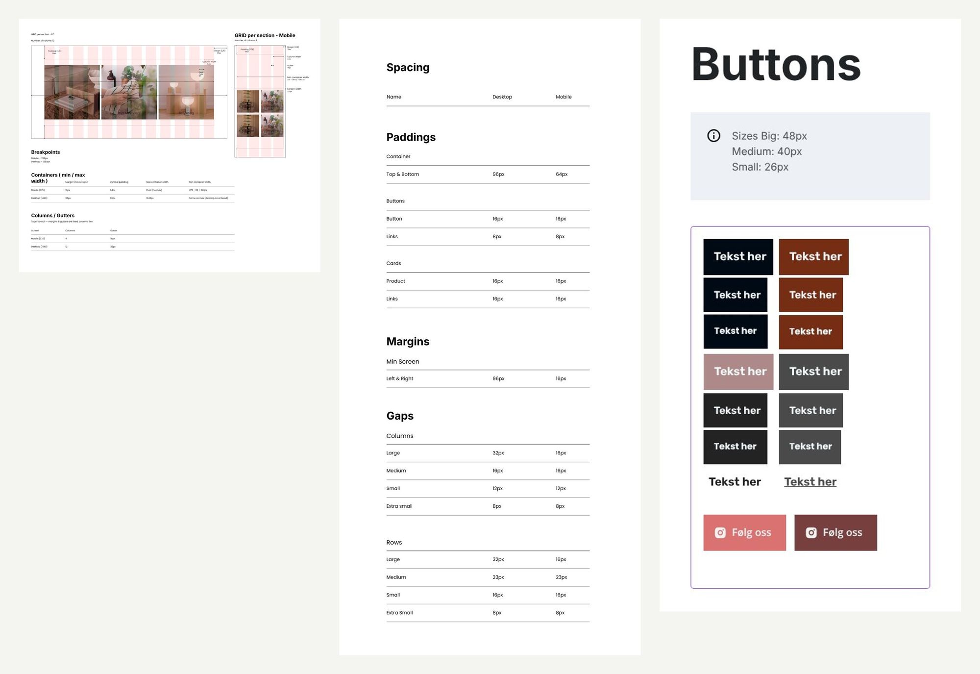 Grid, spacing og knapper fra designsystemet