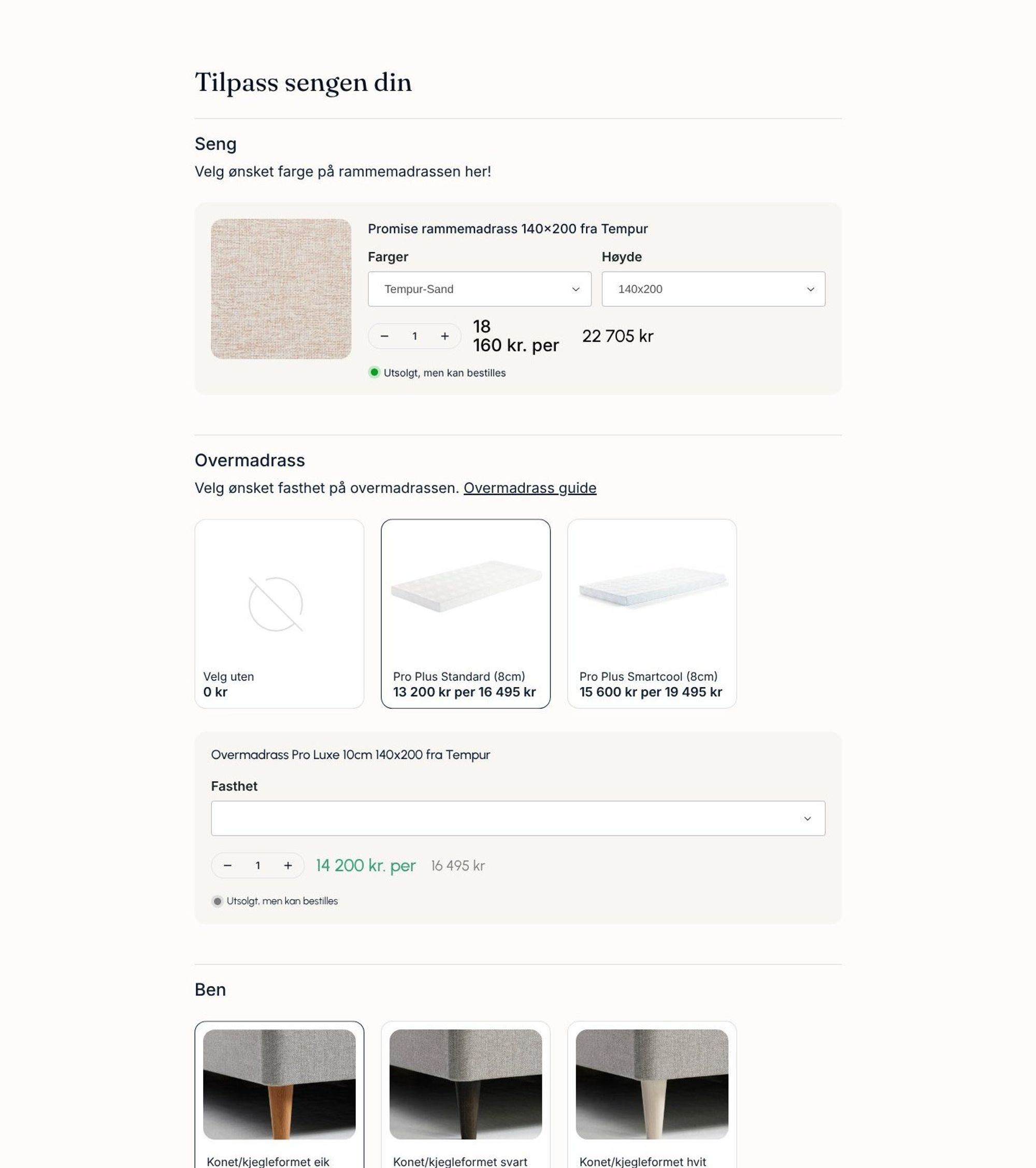 Sengebyggeren med valg av farge, overmadrass og ben