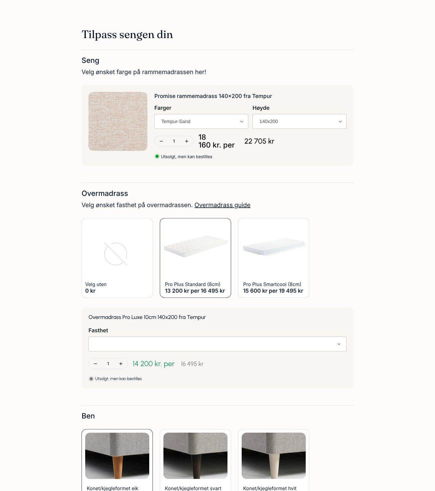 Sengebyggeren med valg av farge, overmadrass og ben