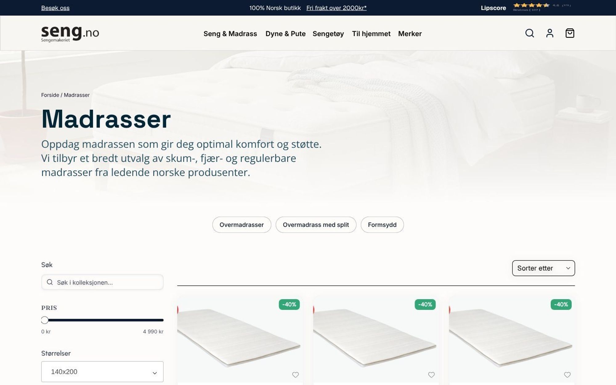 Kolleksjonsside for madrasser på desktop