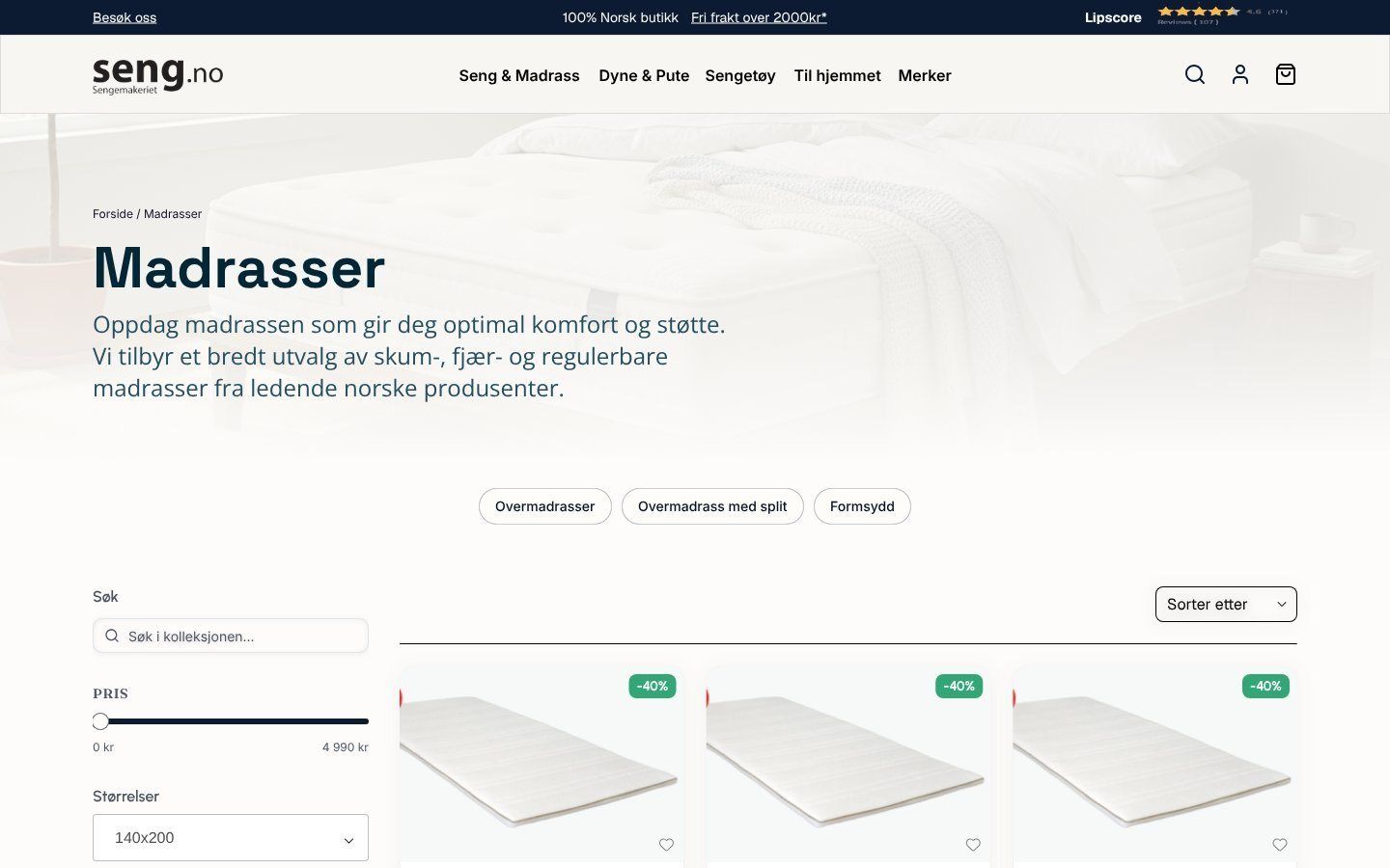 Kolleksjonsside for madrasser på desktop