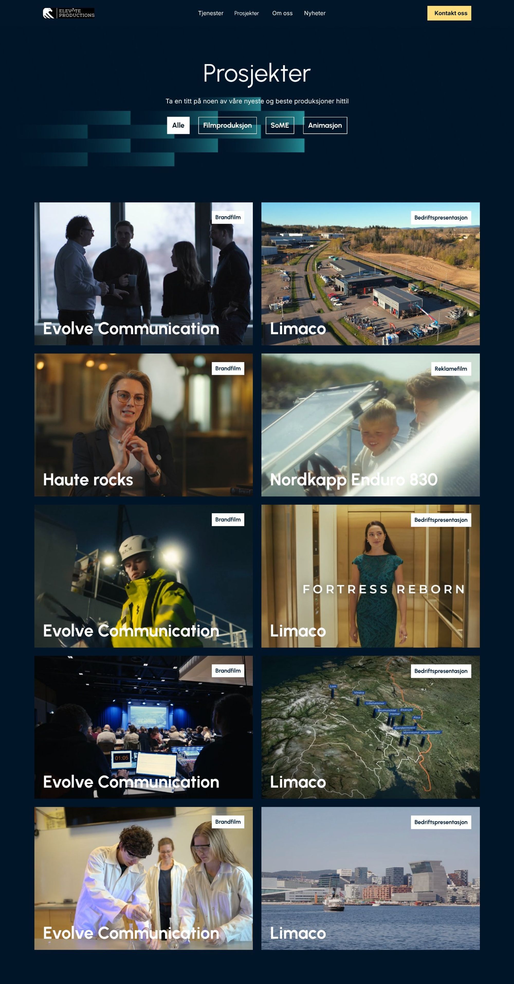 Prosjektoversikt med filter på filmproduksjon, SoMe og animasjon