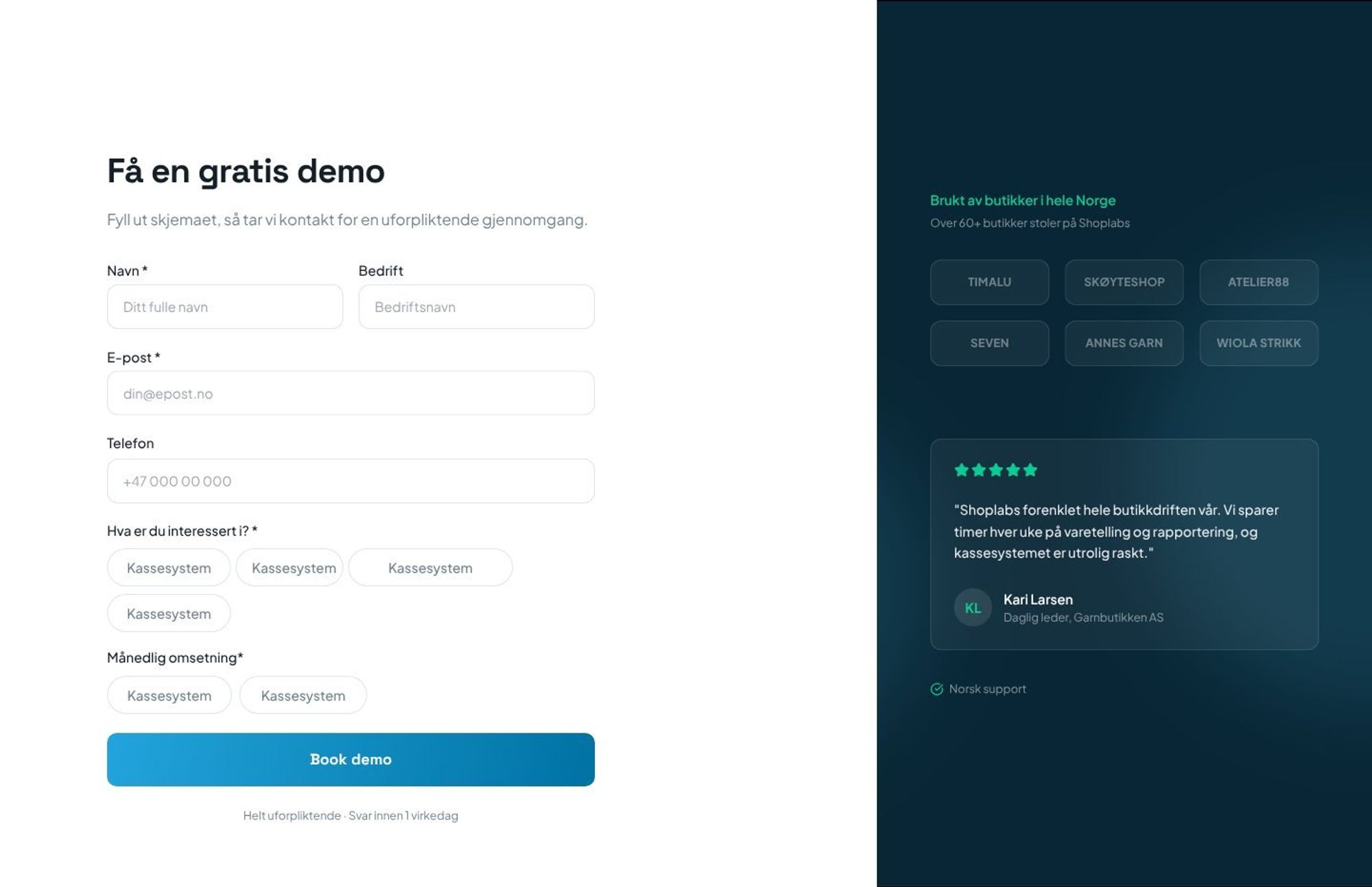 Skjemaet for å bestille gratis demo