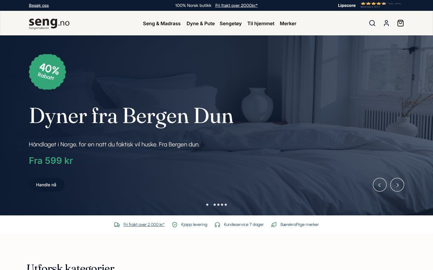 Den nye forsiden til seng.no