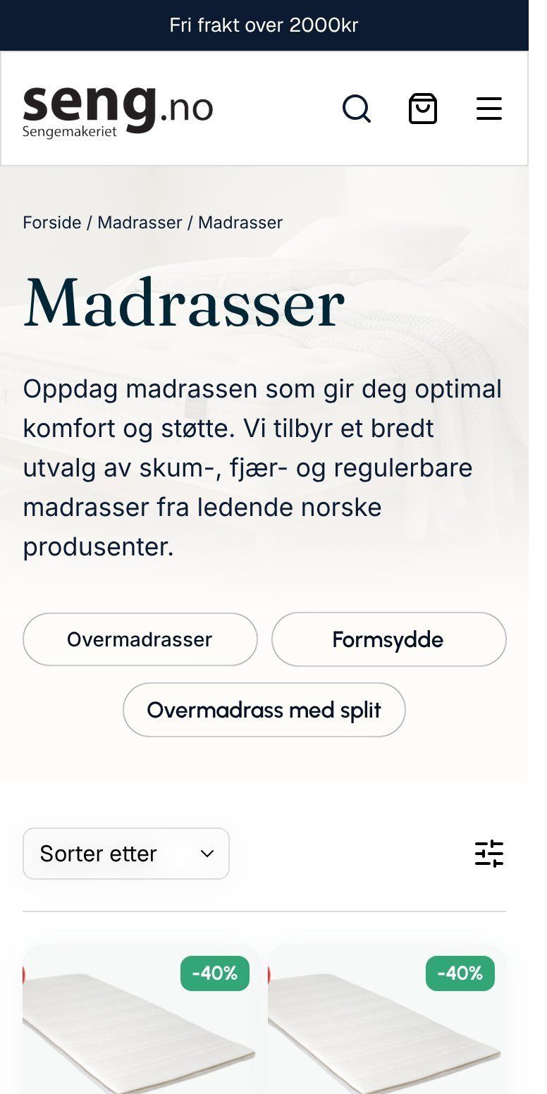 Kolleksjonsside for madrasser på mobil