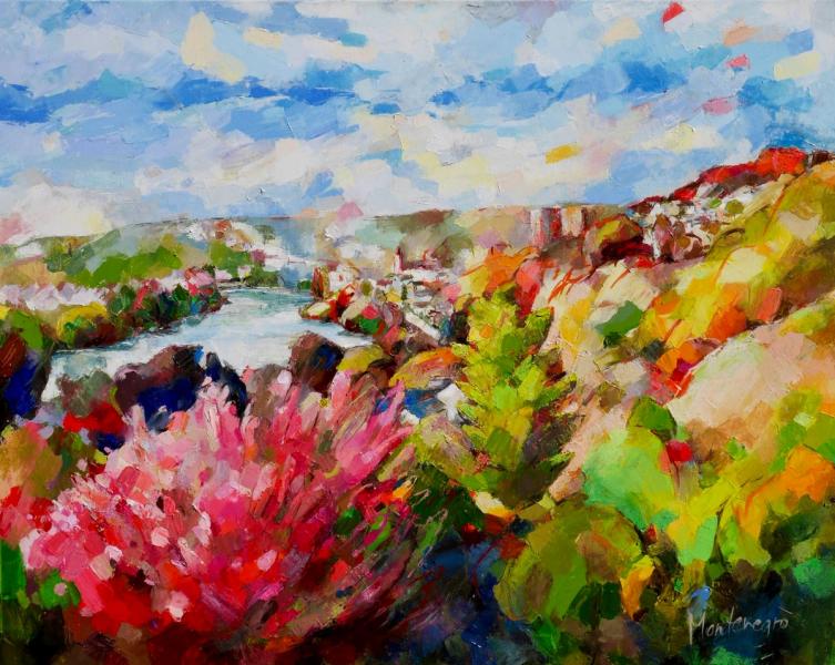 Miriam Montenegro expressionistische Malerei Hügel mit bunten Büschen und Sicht auf den Fluss Rhein