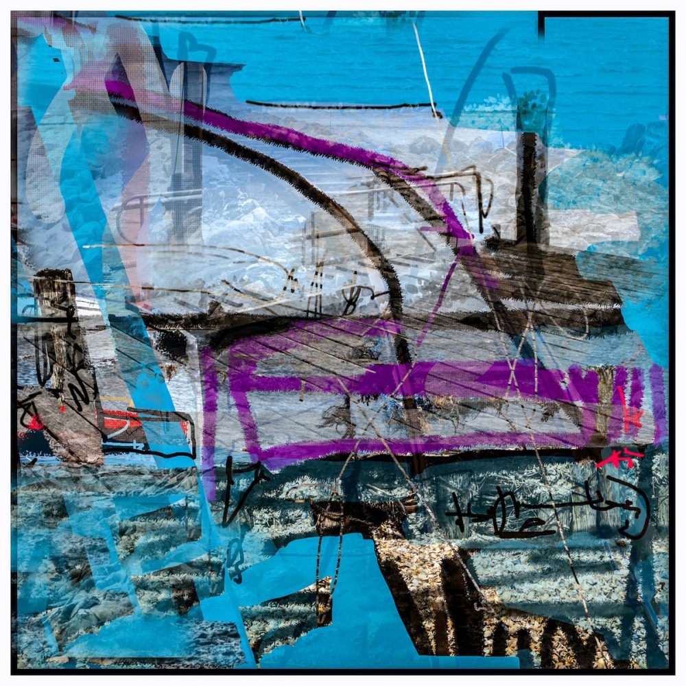 Martina Chardin pintura abstracta composición bajo el agua desvanecimiento con pasarela en el agua y dibujos